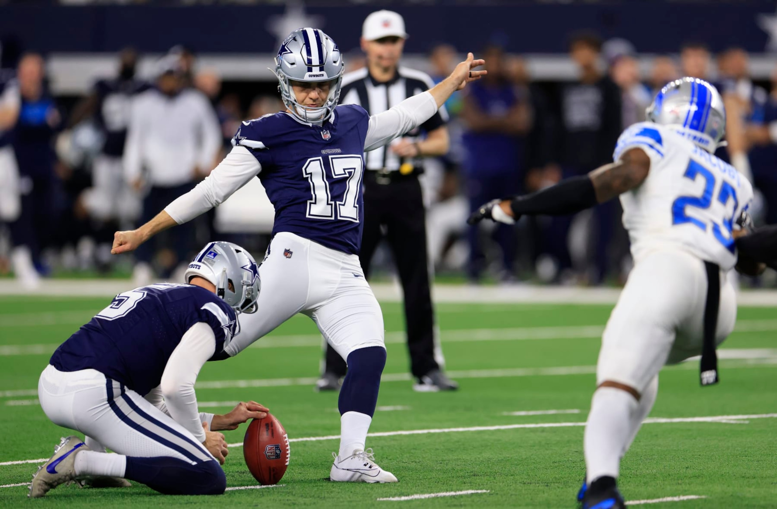 ARLINGTON, TX - DECEMBER 30: Brandon Aubrey #17 of the Dallas Cowboys kicks a field goal against the Detroit Lions at AT&T Stadium on December 30, 2023 in Arlington, Texas. (Photo by Ron Jenkins/Getty Images)