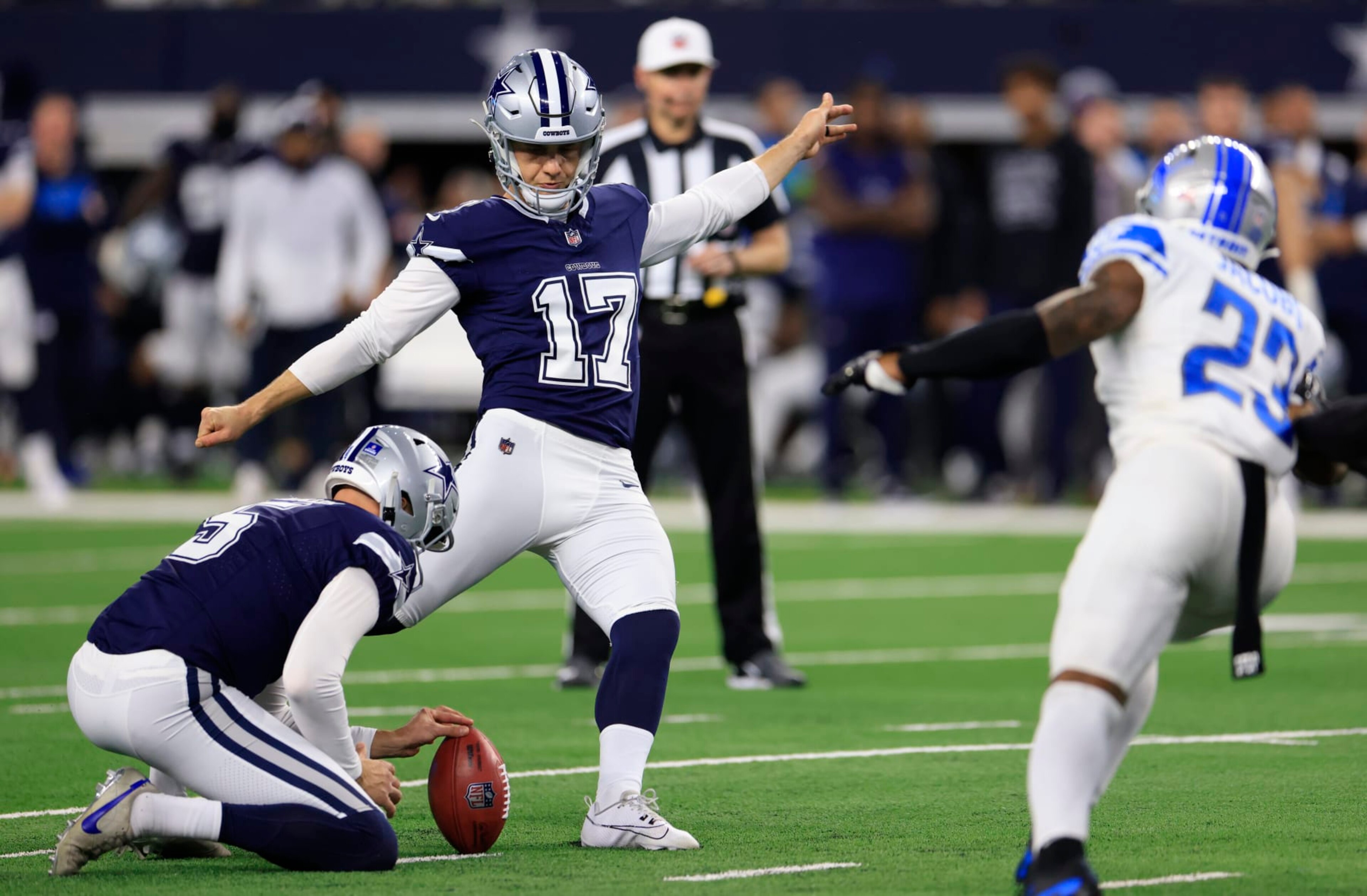 ARLINGTON, TX - DECEMBER 30: Brandon Aubrey #17 of the Dallas Cowboys kicks a field goal against the Detroit Lions at AT&T Stadium on December 30, 2023 in Arlington, Texas. (Photo by Ron Jenkins/Getty Images) ARLINGTON, TX - DECEMBER 30: Brandon Aubrey #17 of the Dallas Cowboys kicks a field goal against the Detroit Lions at AT&T Stadium on December 30, 2023 in Arlington, Texas. (Photo by Ron Jenkins/Getty Images)