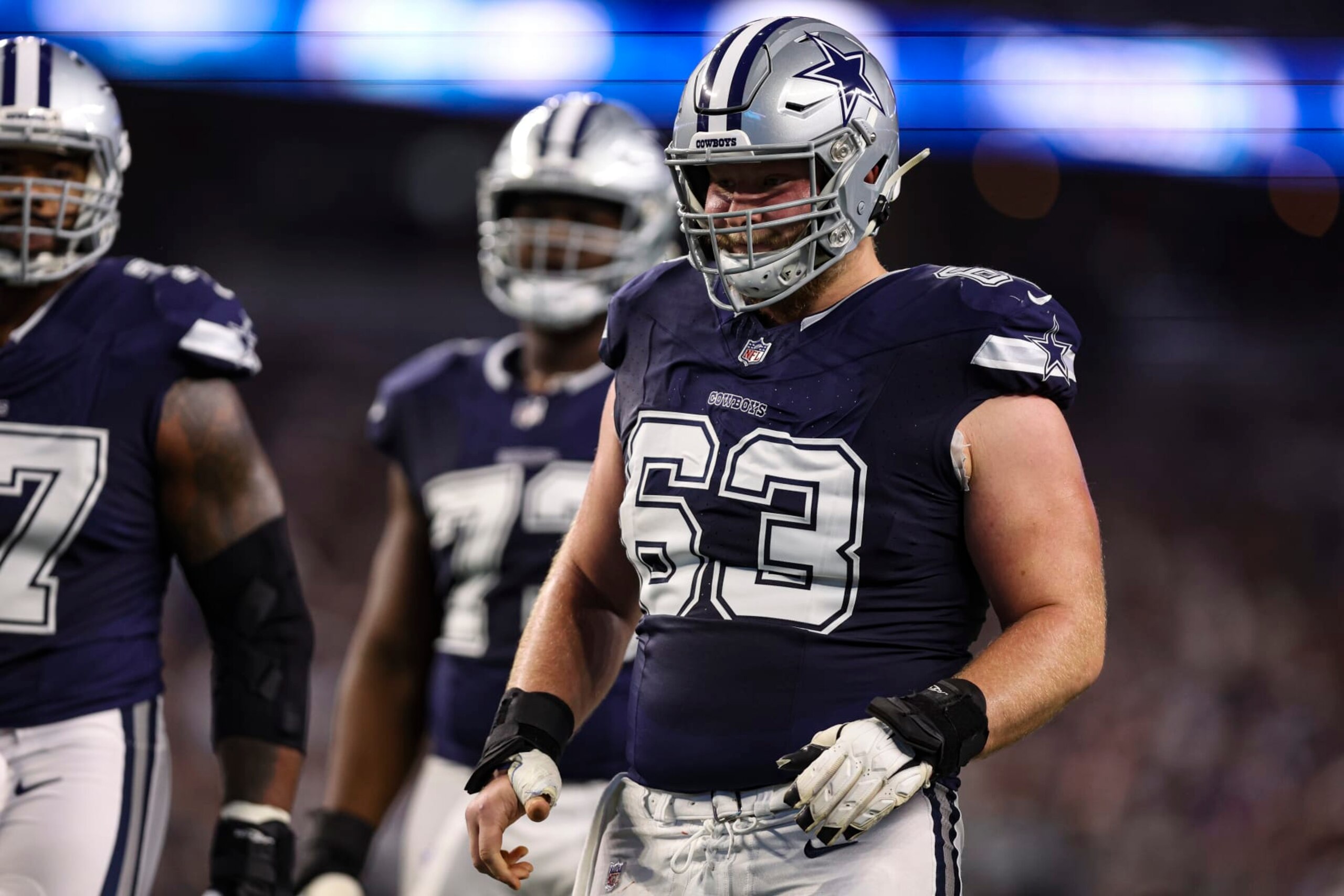 ARLINGTON, TX - DECEMBER 30: Tyler Biadasz #63 of the Dallas Cowboys looks on from the field during an NFL football game against the Detroit Lions at AT&T Stadium on December 30, 2023 in Arlington, Texas. (Photo by Perry Knotts/Getty Images)