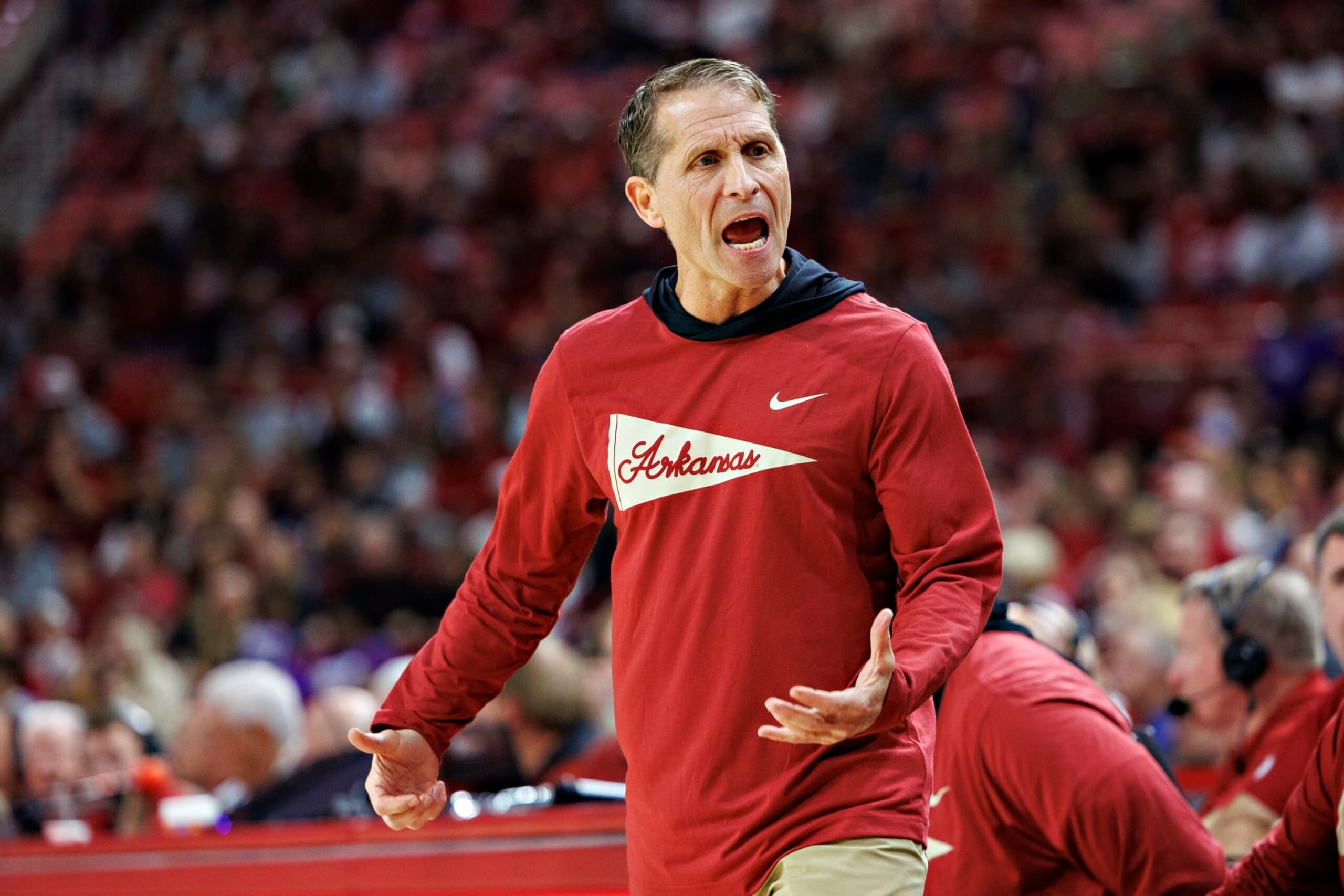 FAYETTEVILLE, ARKANSAS - DECEMBER 21: Head Coach Eric Musselman of the Arkansas Razorbacks during the game against the Abilene Christian Wildcats at Bud Walton Arena on December 21, 2023 in Fayetteville, Arkansas. The Razorbacks defeated the Wildcats 83-73. (Photo by Wesley Hitt/Getty Images) FAYETTEVILLE, ARKANSAS - DECEMBER 21: Head Coach Eric Musselman of the Arkansas Razorbacks during the game against the Abilene Christian Wildcats at Bud Walton Arena on December 21, 2023 in Fayetteville, Arkansas. The Razorbacks defeated the Wildcats 83-73. (Photo by Wesley Hitt/Getty Images)
