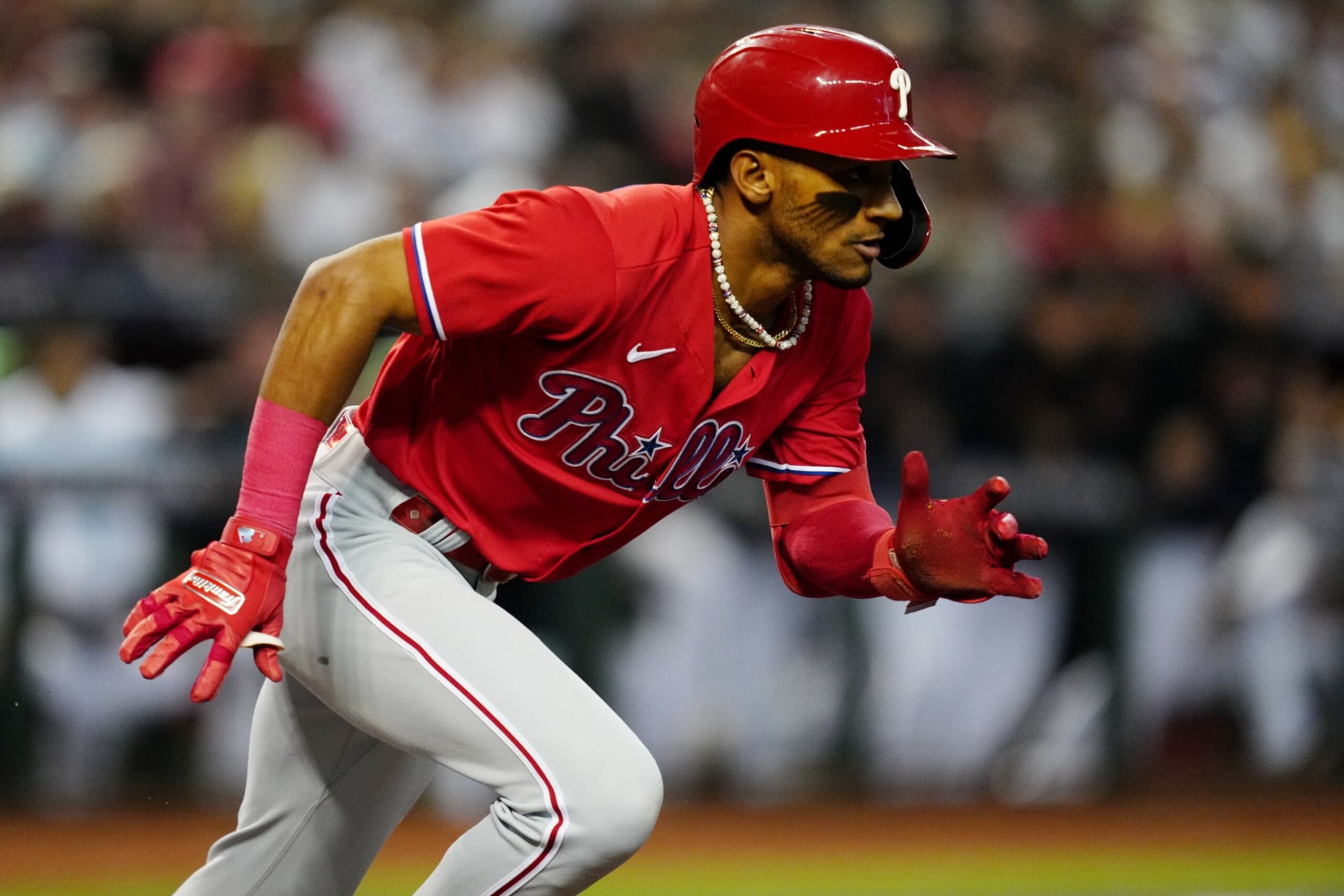 PHOENIX, AZ - OCTOBER 21:  Johan Rojas #18 of the Philadelphia Phillies runs to first base during Game 5 of the NLCS between the Philadelphia Phillies and the Arizona Diamondbacks at Chase Field on Saturday, October 21, 2023 in Phoenix, Arizona. (Photo by Mary DeCicco/MLB Photos via Getty Images)