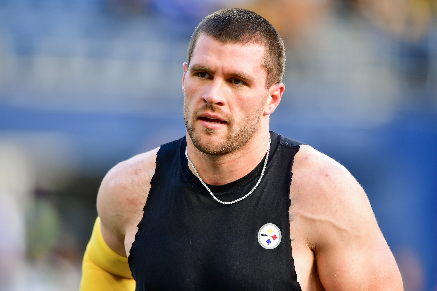 SEATTLE, WASHINGTON - DECEMBER 31: Pittsburgh Steelers linebacker T.J. Watt #90 warms up prior to a game against the Seattle Seahawks at Lumen Field on December 31, 2023 in Seattle, Washington. (Photo by Jane Gershovich/Getty Images)