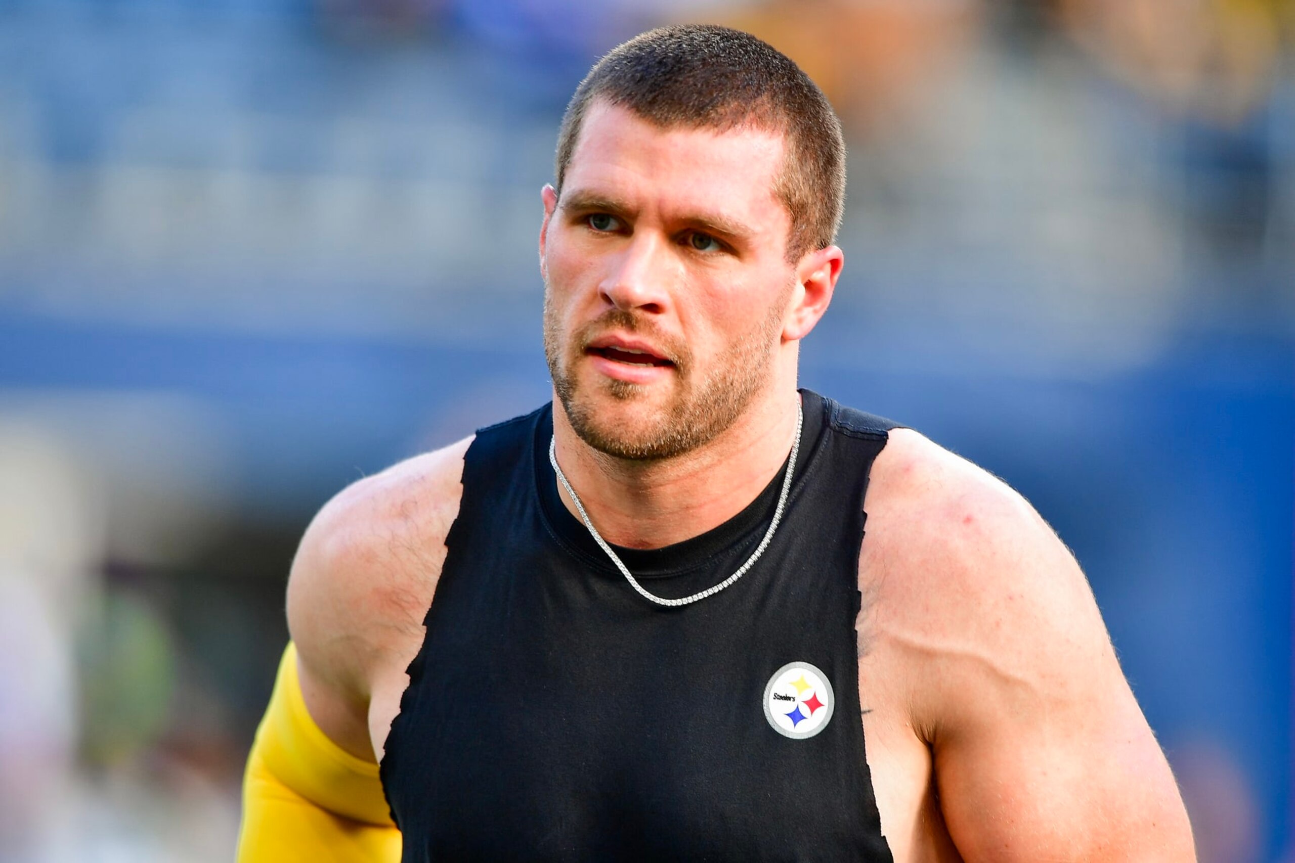 SEATTLE, WASHINGTON - DECEMBER 31: Pittsburgh Steelers linebacker T.J. Watt #90 warms up prior to a game against the Seattle Seahawks at Lumen Field on December 31, 2023 in Seattle, Washington. (Photo by Jane Gershovich/Getty Images)