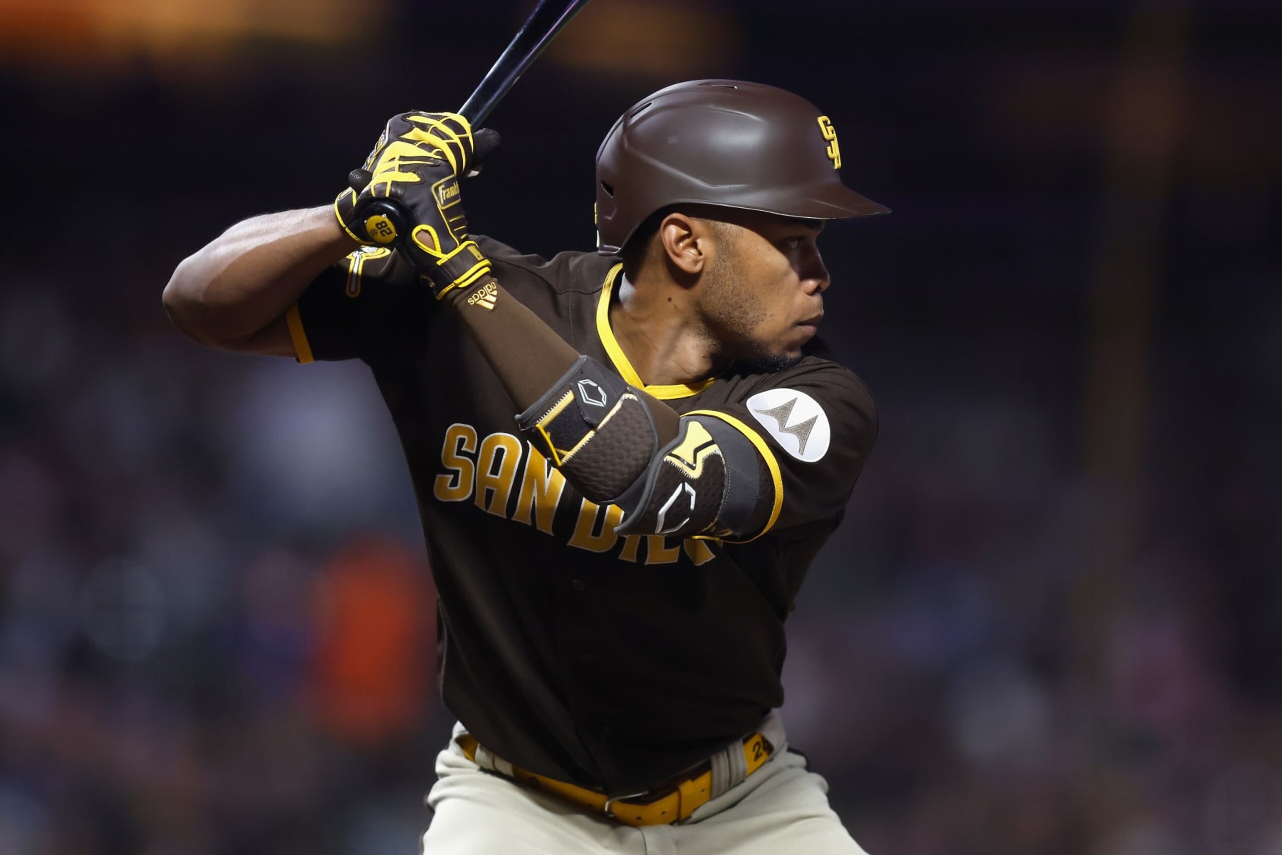 SAN FRANCISCO, CALIFORNIA - SEPTEMBER 27: Jose Azocar #28 of the San Diego Padres at bat against the San Francisco Giants at Oracle Park on September 27, 2023 in San Francisco, California. (Photo by Lachlan Cunningham/Getty Images)