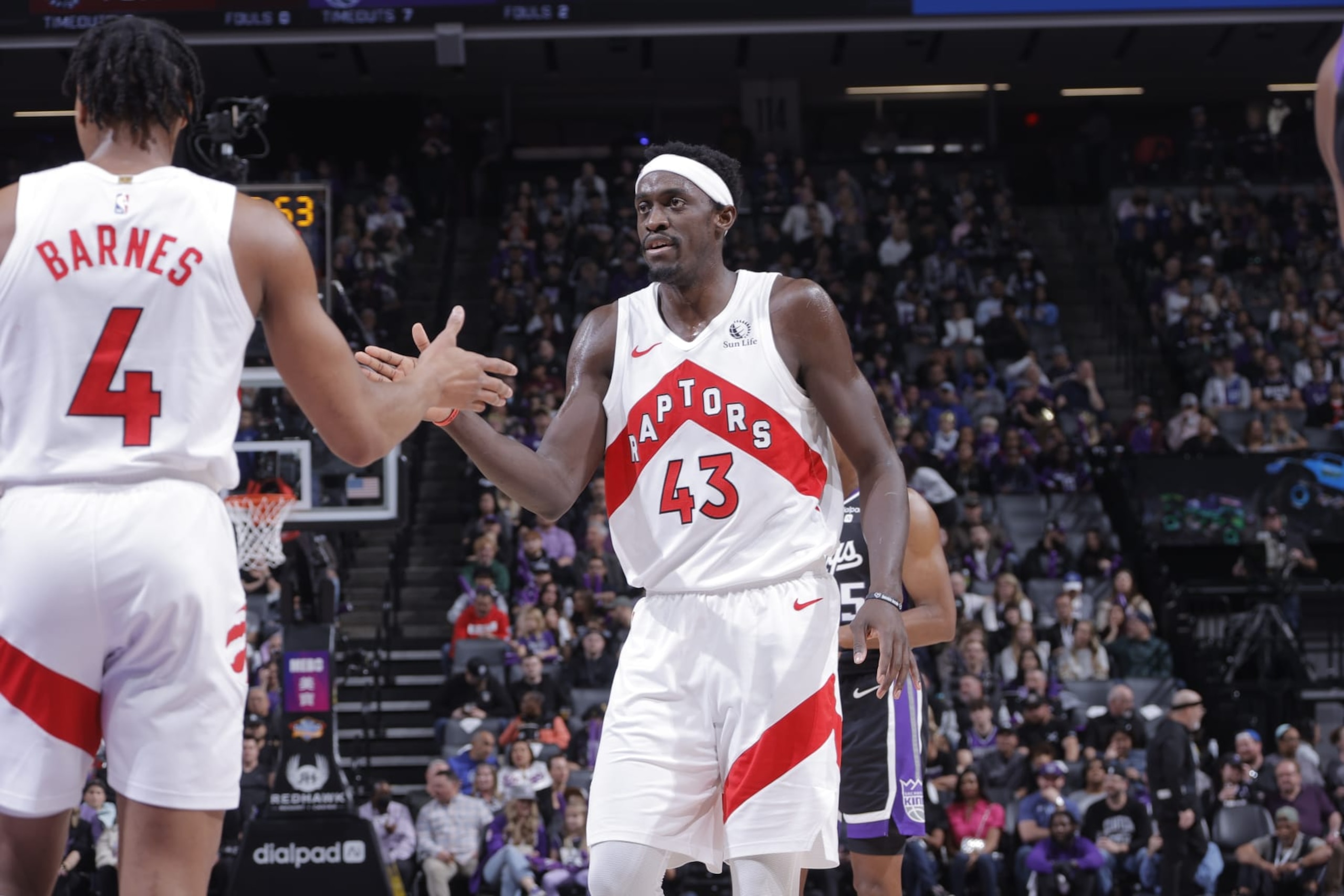 SACRAMENTO, CA - JANUARY 5: Pascal Siakam #43 of the Toronto Raptors high-fives Scottie Barnes #4 during the game against the Sacramento Kings on January 5, 2024 at Golden 1 Center in Sacramento, California. NOTE TO USER: User expressly acknowledges and agrees that, by downloading and or using this Photograph, user is consenting to the terms and conditions of the Getty Images License Agreement. Mandatory Copyright Notice: Copyright 2024 NBAE (Photo by Rocky Widner/NBAE via Getty Images) SACRAMENTO, CA - JANUARY 5: Pascal Siakam #43 of the Toronto Raptors high-fives Scottie Barnes #4 during the game against the Sacramento Kings on January 5, 2024 at Golden 1 Center in Sacramento, California. NOTE TO USER: User expressly acknowledges and agrees that, by downloading and or using this Photograph, user is consenting to the terms and conditions of the Getty Images License Agreement. Mandatory Copyright Notice: Copyright 2024 NBAE (Photo by Rocky Widner/NBAE via Getty Images)