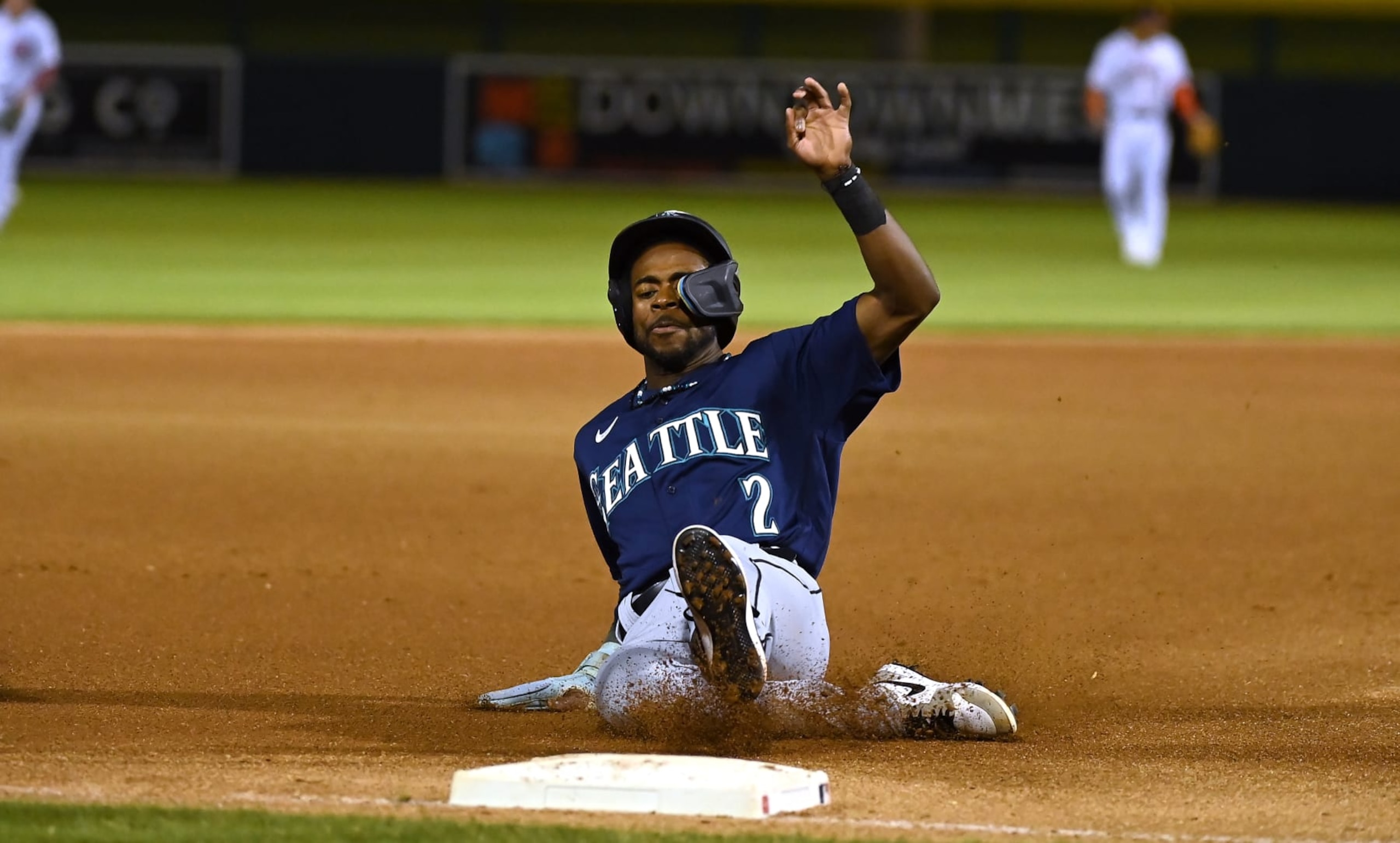 MESA, AZ - OCTOBER 28: Ryan Bliss #2 of the Peoria Javelinas slides into third base during the game between the Peoria Javelinas and the Mesa Solar Sox at Hohokam Stadium on Saturday, October 28, 2023 in Mesa, Arizona. (Photo by Norm Hall/MLB Photos via Getty Images)