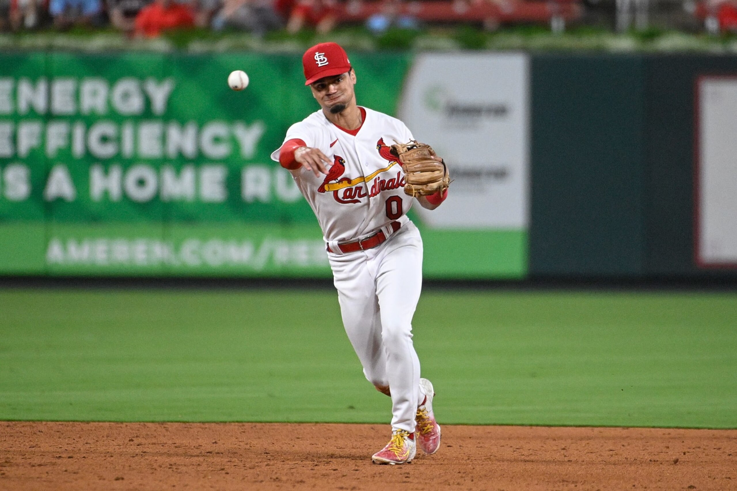 ST LOUIS, MISSOURI - SEPTEMBER 29: Masyn Winn #0 of the St. Louis Cardinals throws against the Cincinnati Reds at Busch Stadium on September 29, 2023 in St Louis, Missouri. (Photo by Joe Puetz/Getty Images)