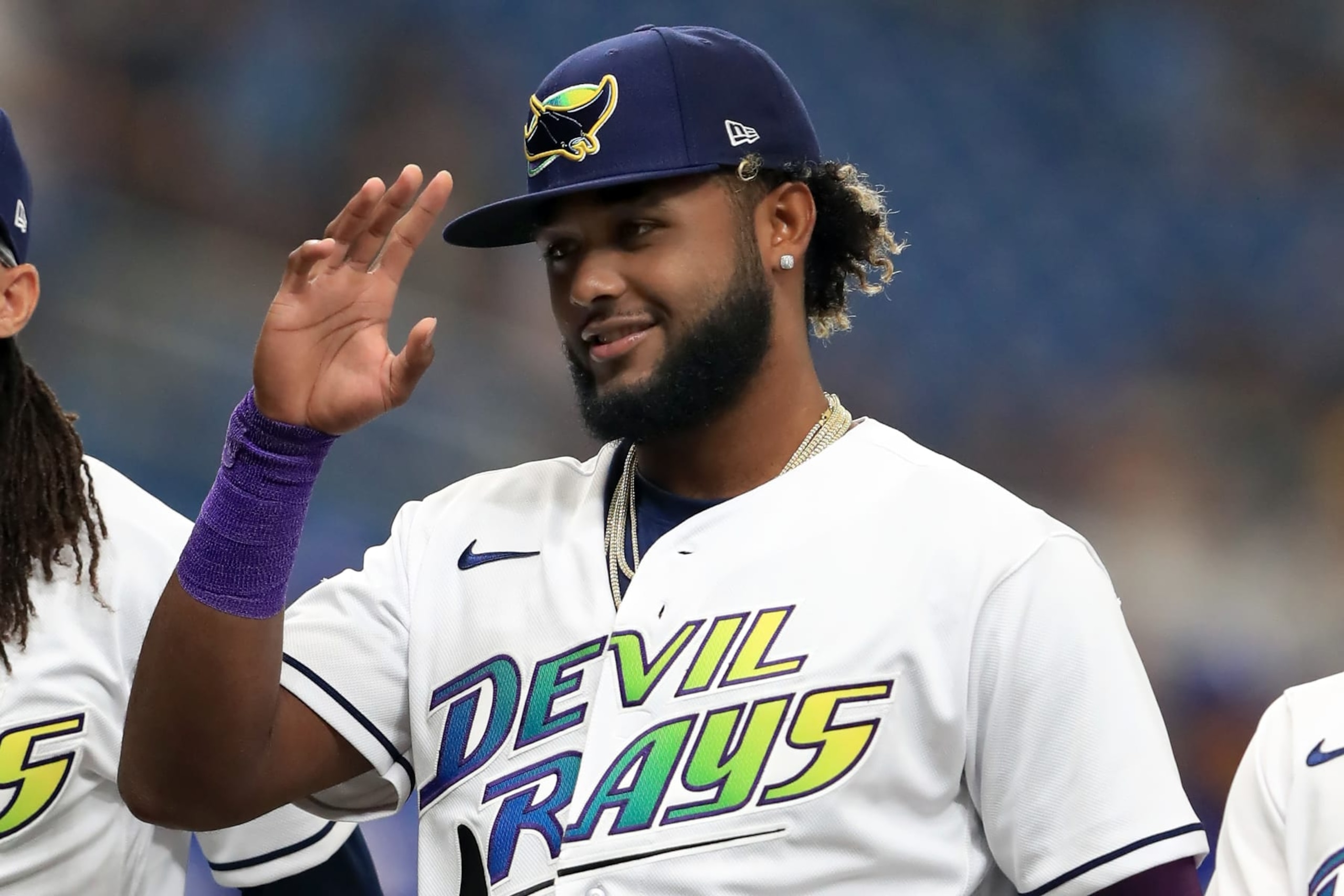 ST. PETERSBURG, FL - OCTOBER 03: Tampa Bay Rays infielder Junior Caminero (1) waves to the fans before the American League Wild card game between the Texas Rangers and the Tampa Bay Rays on October 03, 2023, at Tropicana Field in St. Petersburg, FL. (Photo by Cliff Welch/Icon Sportswire via Getty Images)