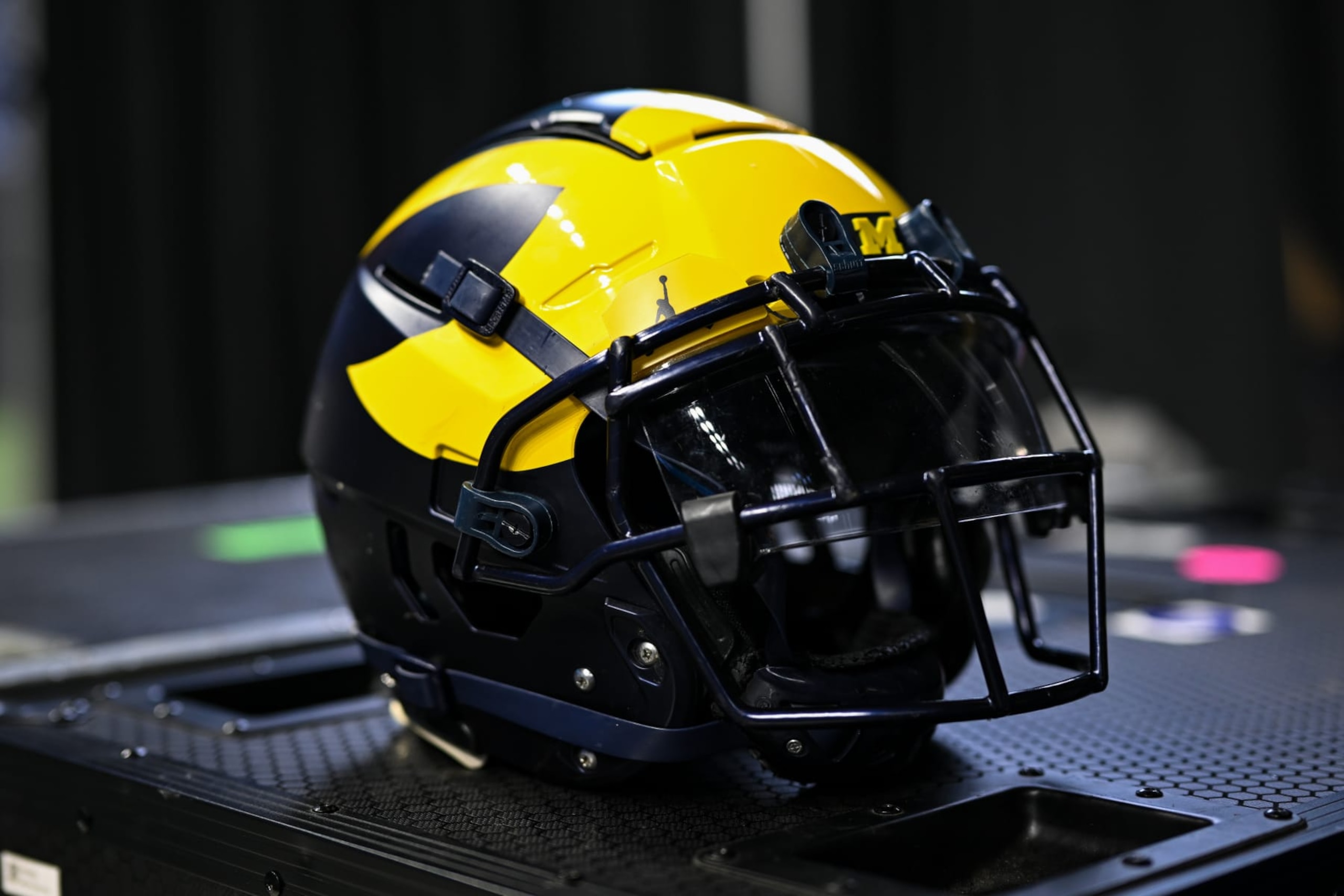 INDIANAPOLIS, IN - JULY 27: A Michigan Wolverines football helmet  during the Big Ten Conference Media Days on July 27, 2023 at Lucas Oil Stadium in Indianapolis, IN (Photo by James Black/Icon Sportswire via Getty Images)