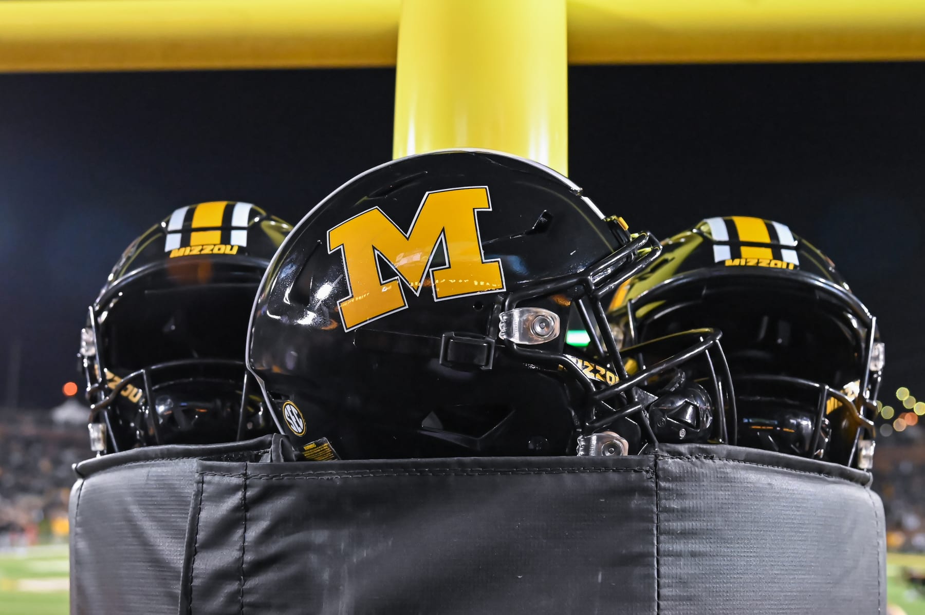 COLUMBIA, MO - NOVEMBER 18: Missouri helmets rest on the goal post padding during a SEC conference game between the Florida Gators and the Missouri Tigers held on Saturday Nov 18, 2023 at Faurot Field at Memorial Stadium in Columbia MO. (Photo by Rick Ulreich/Icon Sportswire via Getty Images