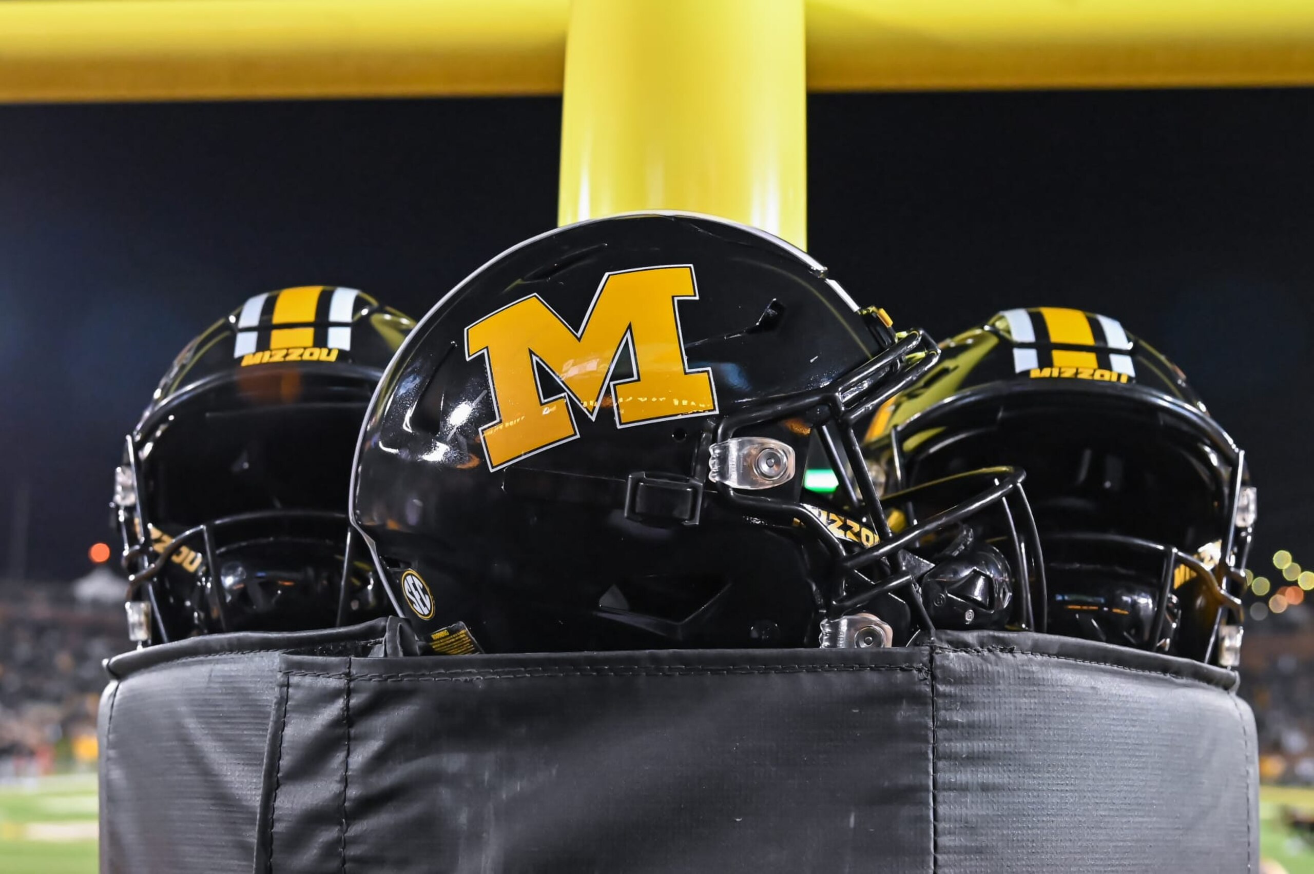 COLUMBIA, MO - NOVEMBER 18: Missouri helmets rest on the goal post padding during a SEC conference game between the Florida Gators and the Missouri Tigers held on Saturday Nov 18, 2023 at Faurot Field at Memorial Stadium in Columbia MO. (Photo by Rick Ulreich/Icon Sportswire via Getty Images