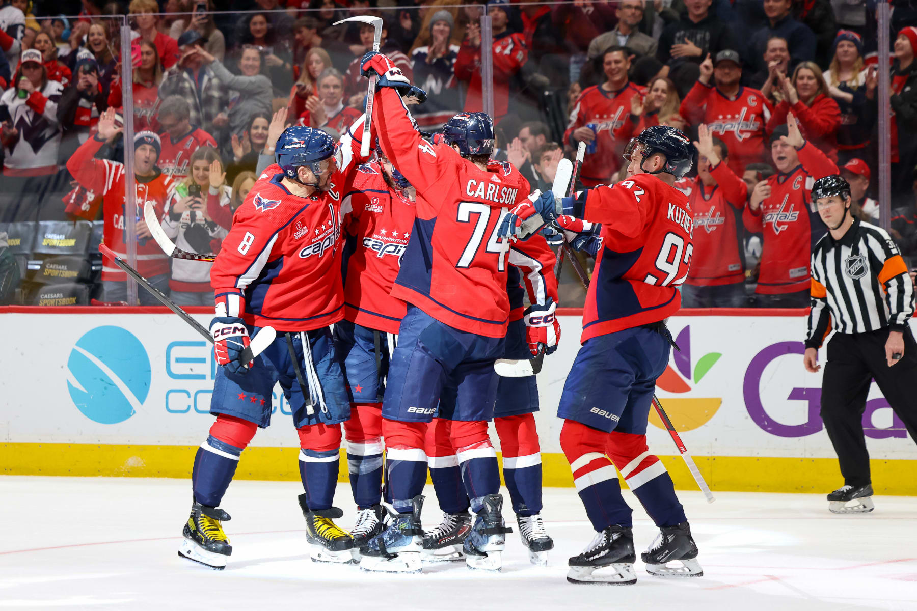 WASHINGTON, DC - JANUARY 5: Dylan Strome #17 of the Washington Capitals celebrates a first period goal against the Carolina Hurricanes at Capital One Arena on January 5, 2024 in Washington, D.C. (Photo by John McCreary/NHLI via Getty Images)