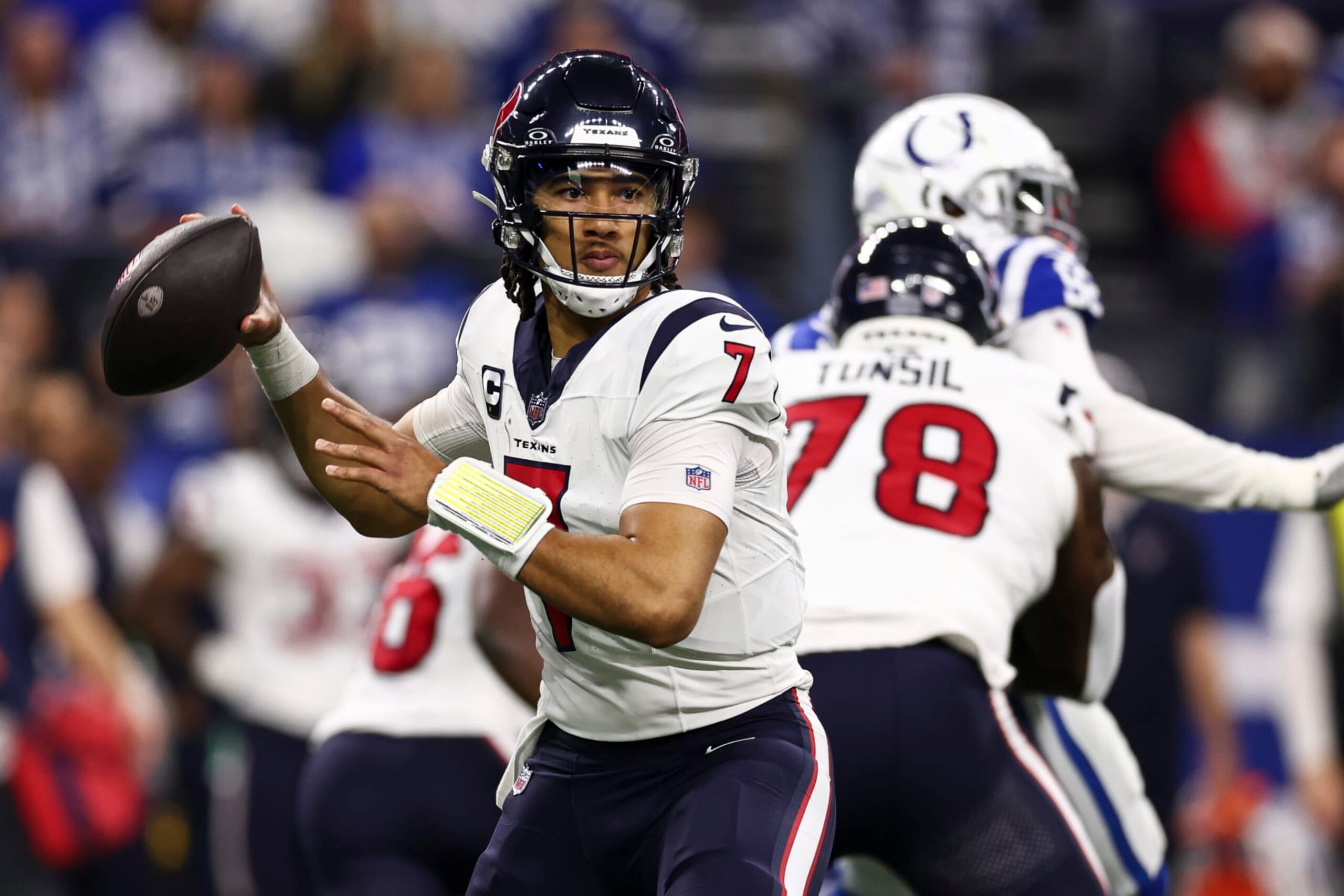 INDIANAPOLIS, IN - JANUARY 6: C.J. Stroud #7 of the Houston Texans throws a pass during the second quarter of an NFL football game against the Indianapolis Colts at Lucas Oil Stadium on January 6, 2024 in Indianapolis, Indiana. (Photo by Kevin Sabitus/Getty Images) INDIANAPOLIS, IN - JANUARY 6: C.J. Stroud #7 of the Houston Texans throws a pass during the second quarter of an NFL football game against the Indianapolis Colts at Lucas Oil Stadium on January 6, 2024 in Indianapolis, Indiana. (Photo by Kevin Sabitus/Getty Images)