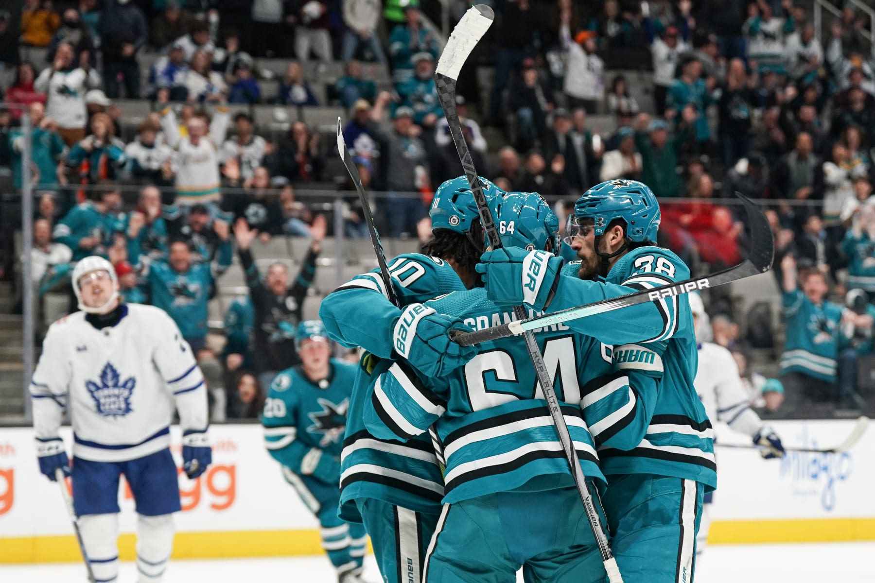 SAN JOSE, CA - JANUARY 6: Mikael Granlund #64, Anthony Duclair #10 and Mario Ferraro #38 of the San Jose Sharks celebrate scoring a goal against the Toronto Maple Leafs at SAP Center on January 6, 2024 in San Jose, California. (Photo by Kavin Mistry/NHLI via Getty Images)