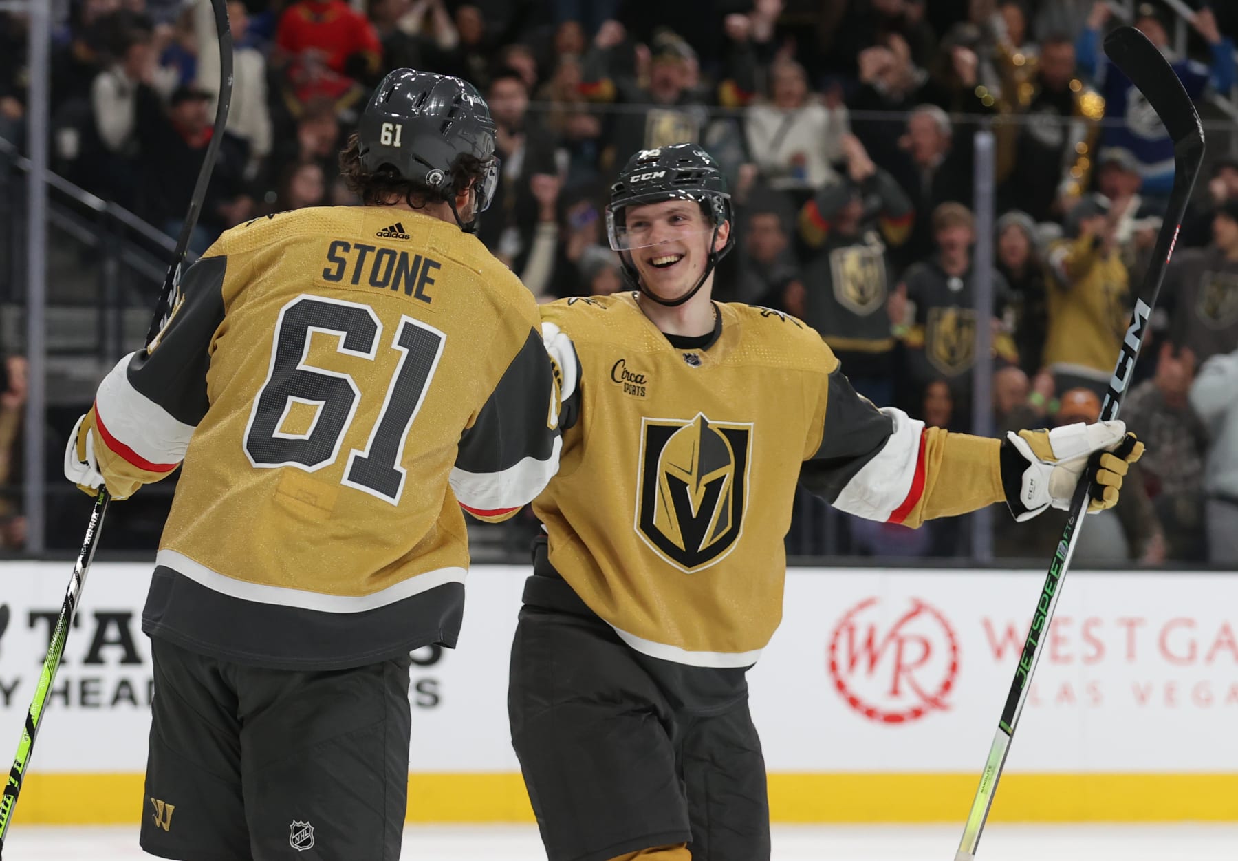 LAS VEGAS, NEVADA - JANUARY 06: Pavel Dorofeyev #16 of the Vegas Golden Knights celebrates with teammates after a goal during the second period against the New York Islanders at T-Mobile Arena on January 06, 2024 in Las Vegas, Nevada. (Photo by Zak Krill/NHLI via Getty Images)