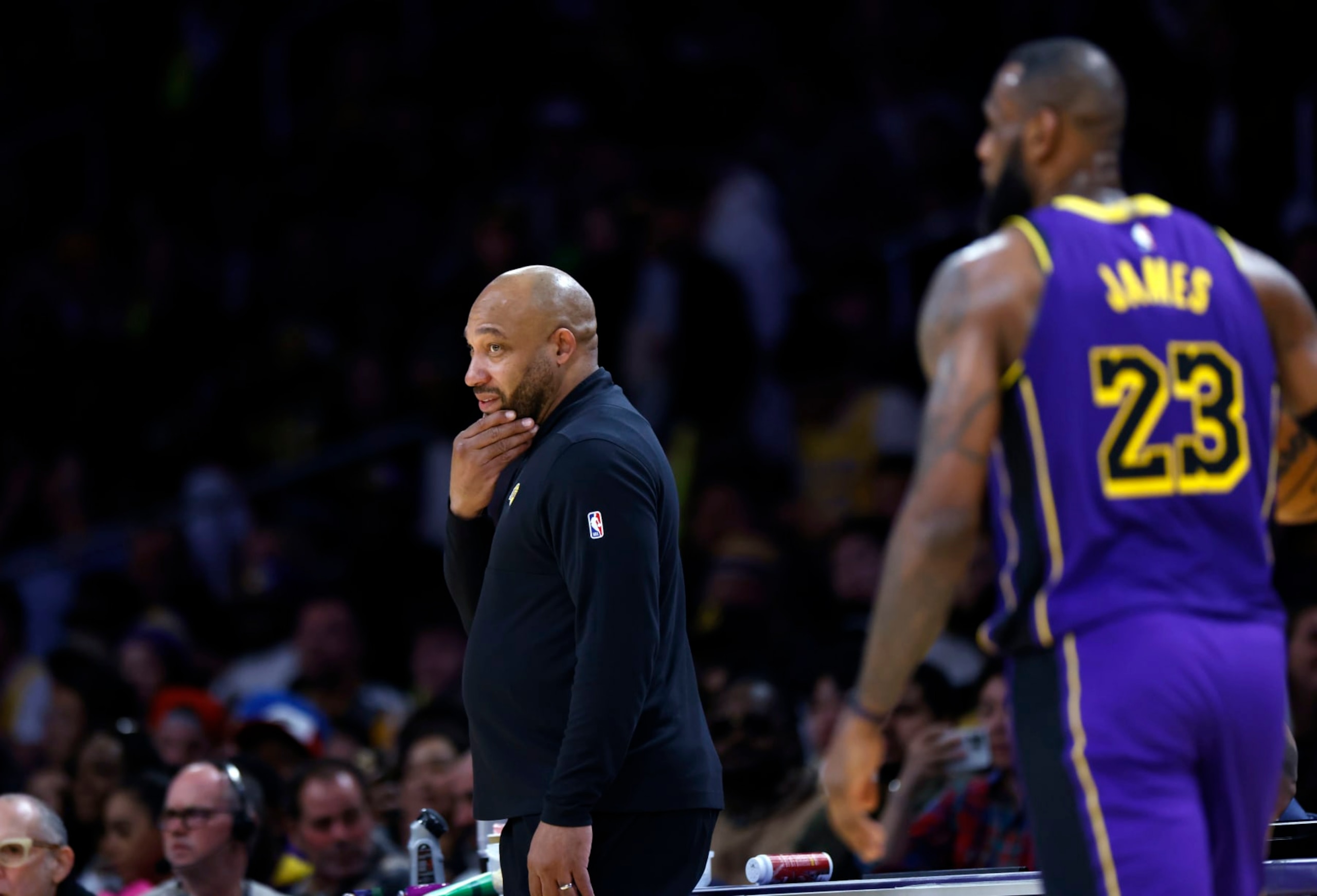 LOS ANGELES, CALIFORNIA - JANUARY 5: Head coach Darvin Ham reacts to a turn over as LeBron James #23 of the Los Angeles Lakers walks away during the second half of the game against Memphis Grizzlies at Crypto.com Arena on January 5, 2024 in Los Angeles, California. NOTE TO USER: User expressly acknowledges and agrees that, by downloading and or using this photograph, User is consenting to the terms and conditions of the Getty Images License Agreement. (Photo by Kevork Djansezian/Getty Images)