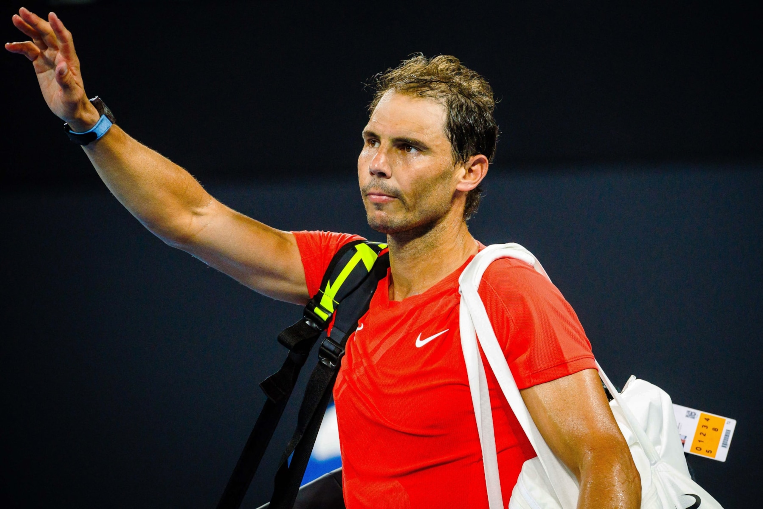 Spain's Rafael Nadal reacts as he leaves the court after his loss against Australia's Jordan Thompson at their men's singles match during the Brisbane International tennis tournament in Brisbane on January 5, 2024. (Photo by Patrick HAMILTON / AFP) / --IMAGE RESTRICTED TO EDITORIAL USE - STRICTLY NO COMMERCIAL USE-- (Photo by PATRICK HAMILTON/AFP via Getty Images)