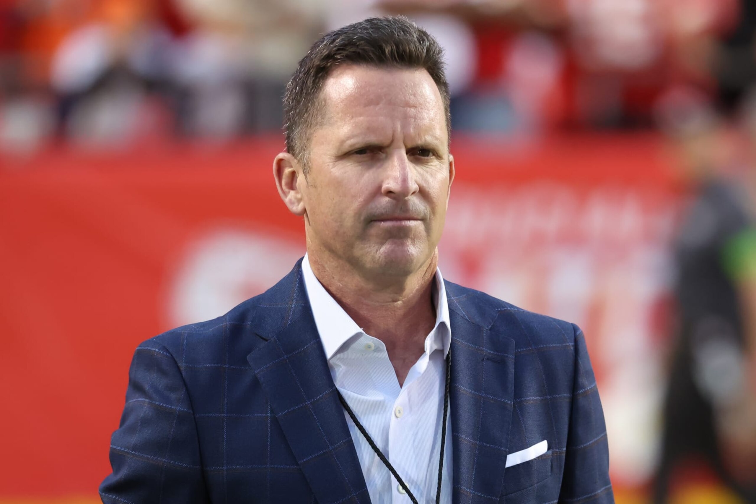 KANSAS CITY, MO - OCTOBER 12: Denver Broncos general manager George Paton before an AFC West matchup between the Denver Broncos and Kansas City Chiefs on Oct 12, 2023 at GEHA Field at Arrowhead Stadium in Kansas City, MO.  (Photo by Scott Winters/Icon Sportswire via Getty Images)