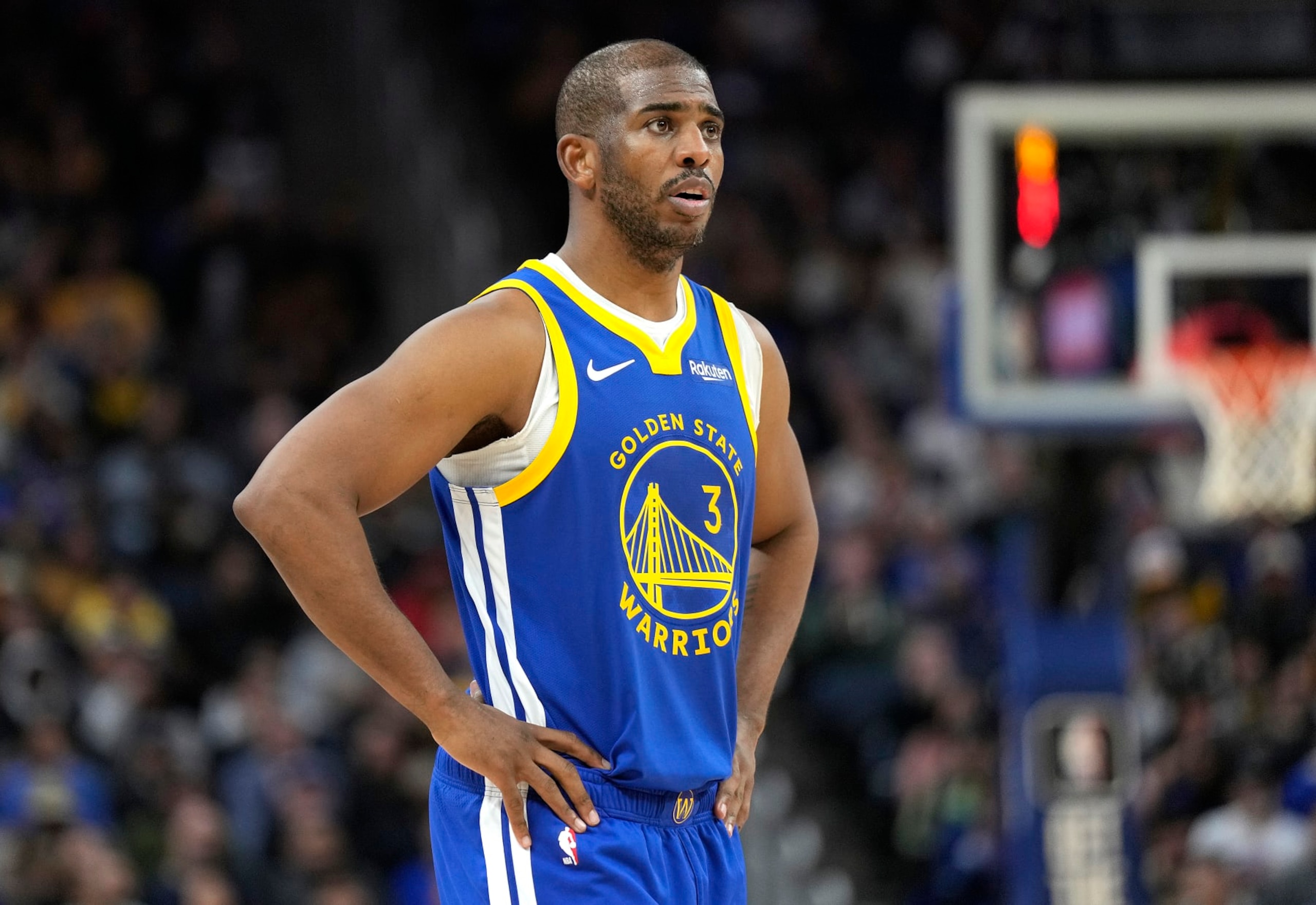 SAN FRANCISCO, CALIFORNIA - JANUARY 04: Chris Paul #3 of the Golden State Warriors looks on against the Denver Nuggets during the third quarter of an NBA basketball game at Chase Center on January 04, 2024 in San Francisco, California. NOTE TO USER: User expressly acknowledges and agrees that, by downloading and or using this photograph, User is consenting to the terms and conditions of the Getty Images License Agreement. (Photo by Thearon W. Henderson/Getty Images)