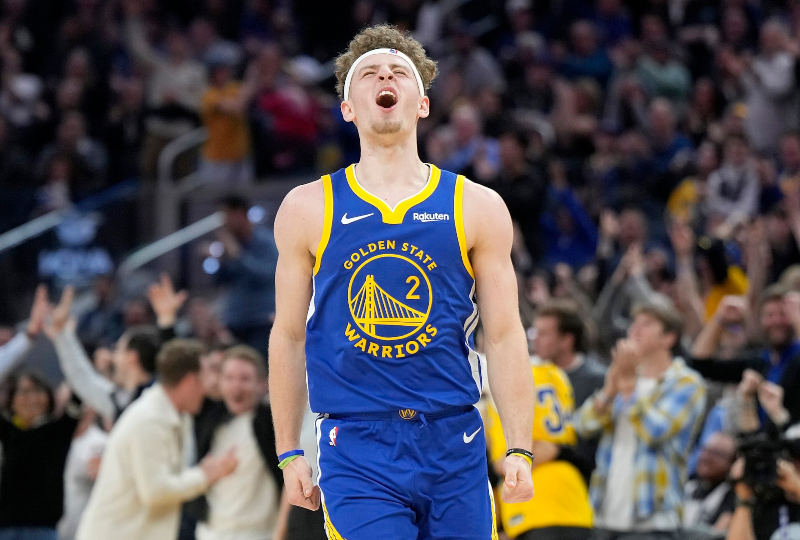 SAN FRANCISCO, CALIFORNIA - JANUARY 04: Brandin Podziemski #2 of the Golden State Warriors reacts after making a three-point shot against the Denver Nuggets during the third quarter at Chase Center on January 04, 2024 in San Francisco, California. NOTE TO USER: User expressly acknowledges and agrees that, by downloading and or using this photograph, User is consenting to the terms and conditions of the Getty Images License Agreement. (Photo by Thearon W. Henderson/Getty Images) SAN FRANCISCO, CALIFORNIA - JANUARY 04: Brandin Podziemski #2 of the Golden State Warriors reacts after making a three-point shot against the Denver Nuggets during the third quarter at Chase Center on January 04, 2024 in San Francisco, California. NOTE TO USER: User expressly acknowledges and agrees that, by downloading and or using this photograph, User is consenting to the terms and conditions of the Getty Images License Agreement. (Photo by Thearon W. Henderson/Getty Images)