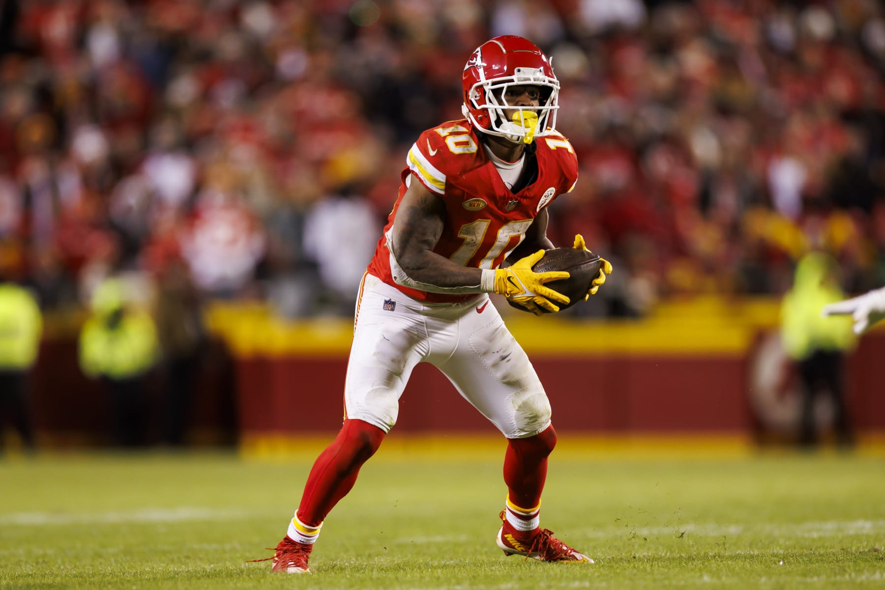 KANSAS CITY, MISSOURI - DECEMBER 31: Isiah Pacheco #10 of the Kansas City Chiefs runs the ball during an NFL football game against the Cincinnati Bengals at GEHA Field at Arrowhead Stadium on December 31, 2023 in Kansas City, Missouri. (Photo by Ryan Kang/Getty Images)