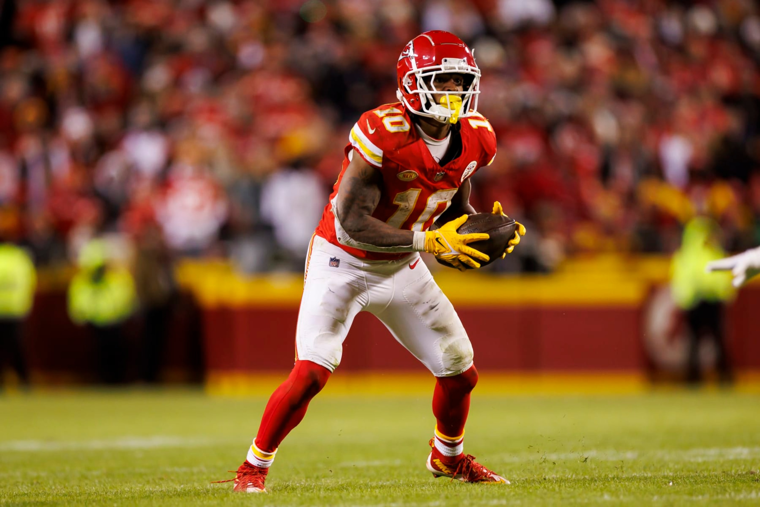 KANSAS CITY, MISSOURI - DECEMBER 31: Isiah Pacheco #10 of the Kansas City Chiefs runs the ball during an NFL football game against the Cincinnati Bengals at GEHA Field at Arrowhead Stadium on December 31, 2023 in Kansas City, Missouri. (Photo by Ryan Kang/Getty Images)