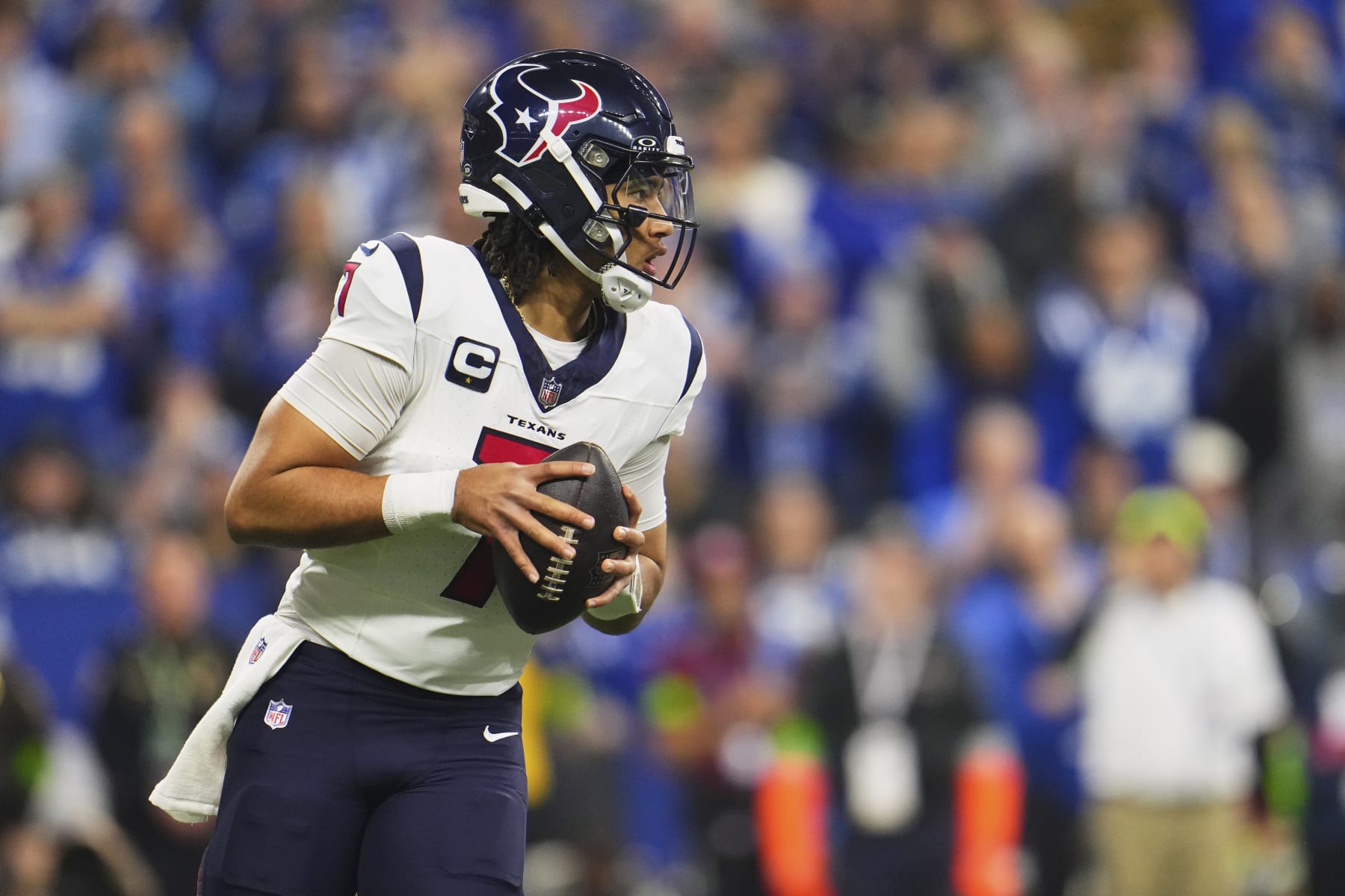 INDIANAPOLIS, IN - JANUARY 06: C.J. Stroud #7 of the Houston Texans drops back to pass against the Indianapolis Colts at Lucas Oil Stadium on January 6, 2024 in Indianapolis, Indiana. (Photo by Cooper Neill/Getty Images)