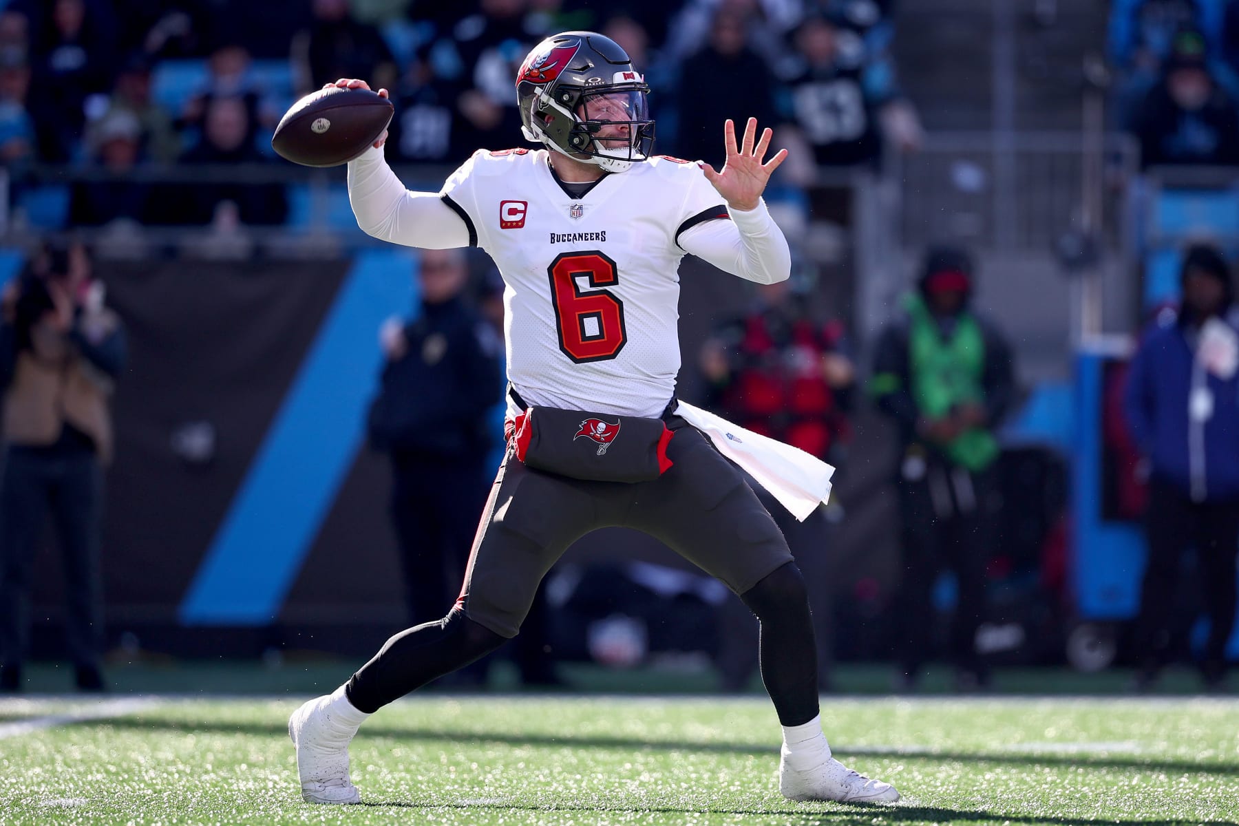 CHARLOTTE, NORTH CAROLINA - JANUARY 07: Baker Mayfield #6 of the Tampa Bay Buccaneers throws a pass during the second quarter against the Carolina Panthers at Bank of America Stadium on January 07, 2024 in Charlotte, North Carolina. (Photo by Jared C. Tilton/Getty Images)