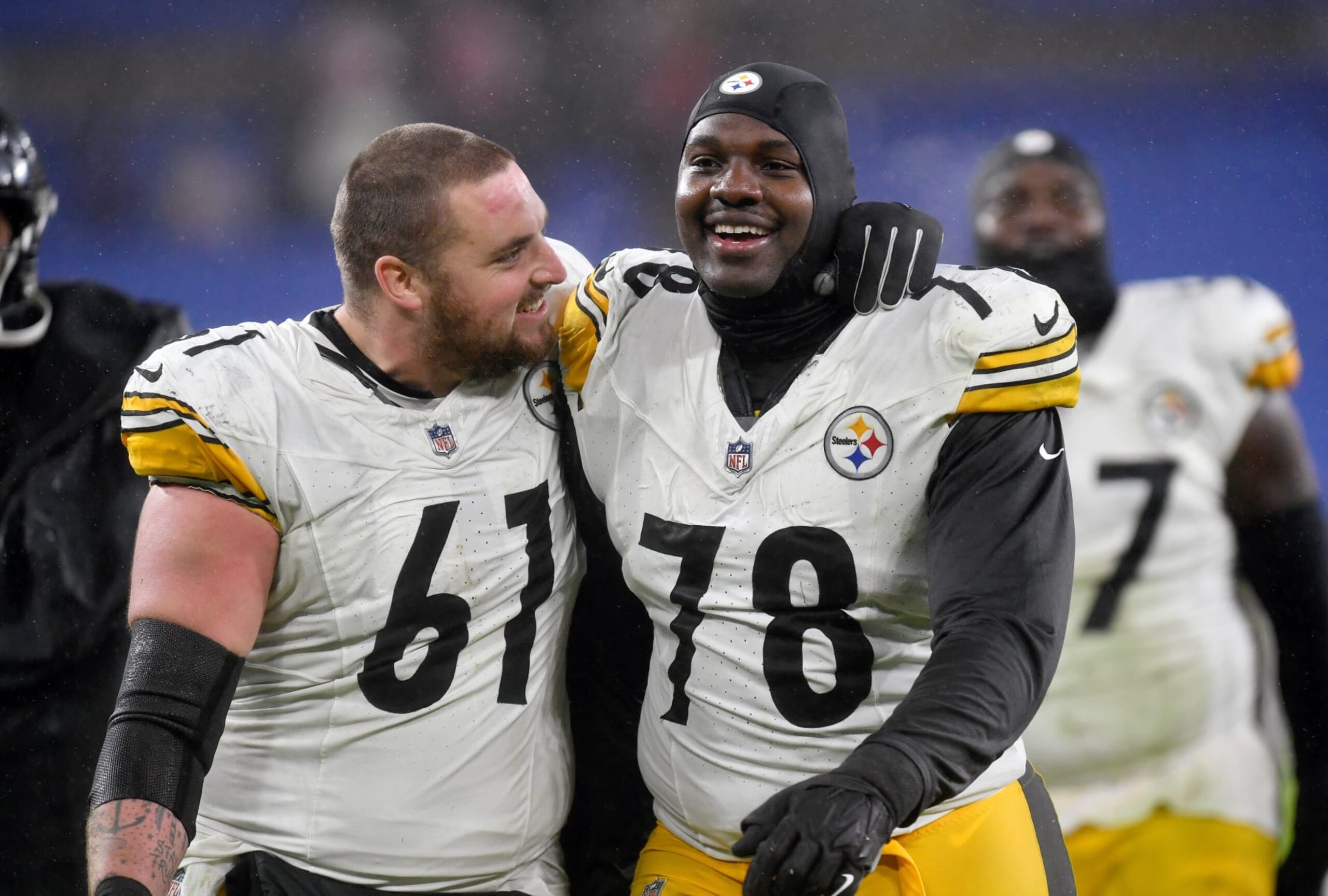 BALTIMORE, MD - JANUARY 06: Steelers center Mason Cole (61) and guard James Daniels (78) smile while walking off the field after the Pittsburgh Steelers versus Baltimore Ravens NFL game at M&T Bank Stadium on January 6, 2024 in Baltimore, MD. (Photo by Randy Litzinger/Icon Sportswire via Getty Images)