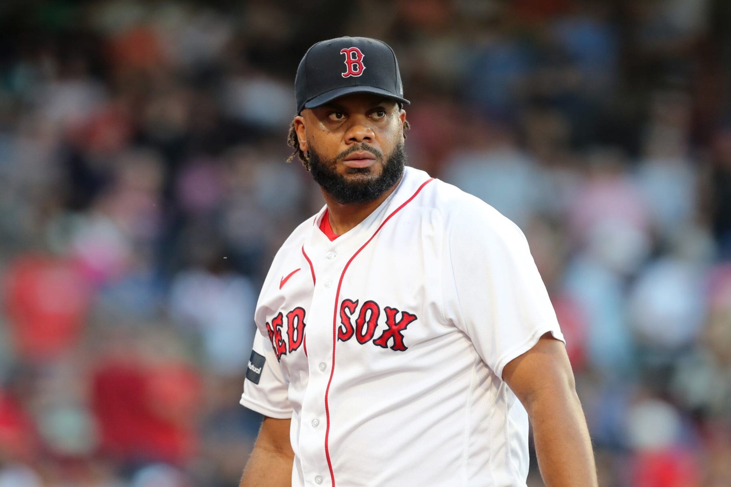 BOSTON, MASSACHUSETTS - AUGUST 30: Kenley Jansen #74 of the Boston Red Sox reacts during the eighth inning against the Houston Astros at Fenway Park on August 30, 2023 in Boston, Massachusetts. (Photo by Paul Rutherford/Getty Images)