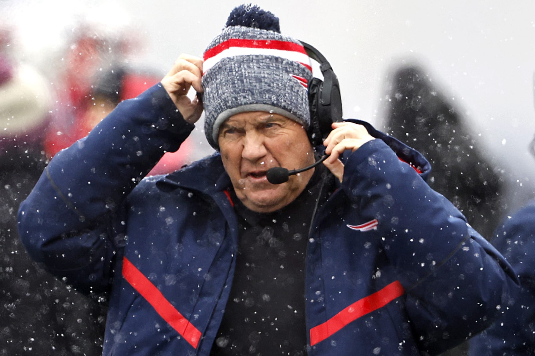 FOXBOROUGH, MASSACHUSETTS - JANUARY 07: New England Patriots head coach Bill Belichick looks on in the first half at Gillette Stadium on January 07, 2024 in Foxborough, Massachusetts. (Photo by Winslow Townson/Getty Images)