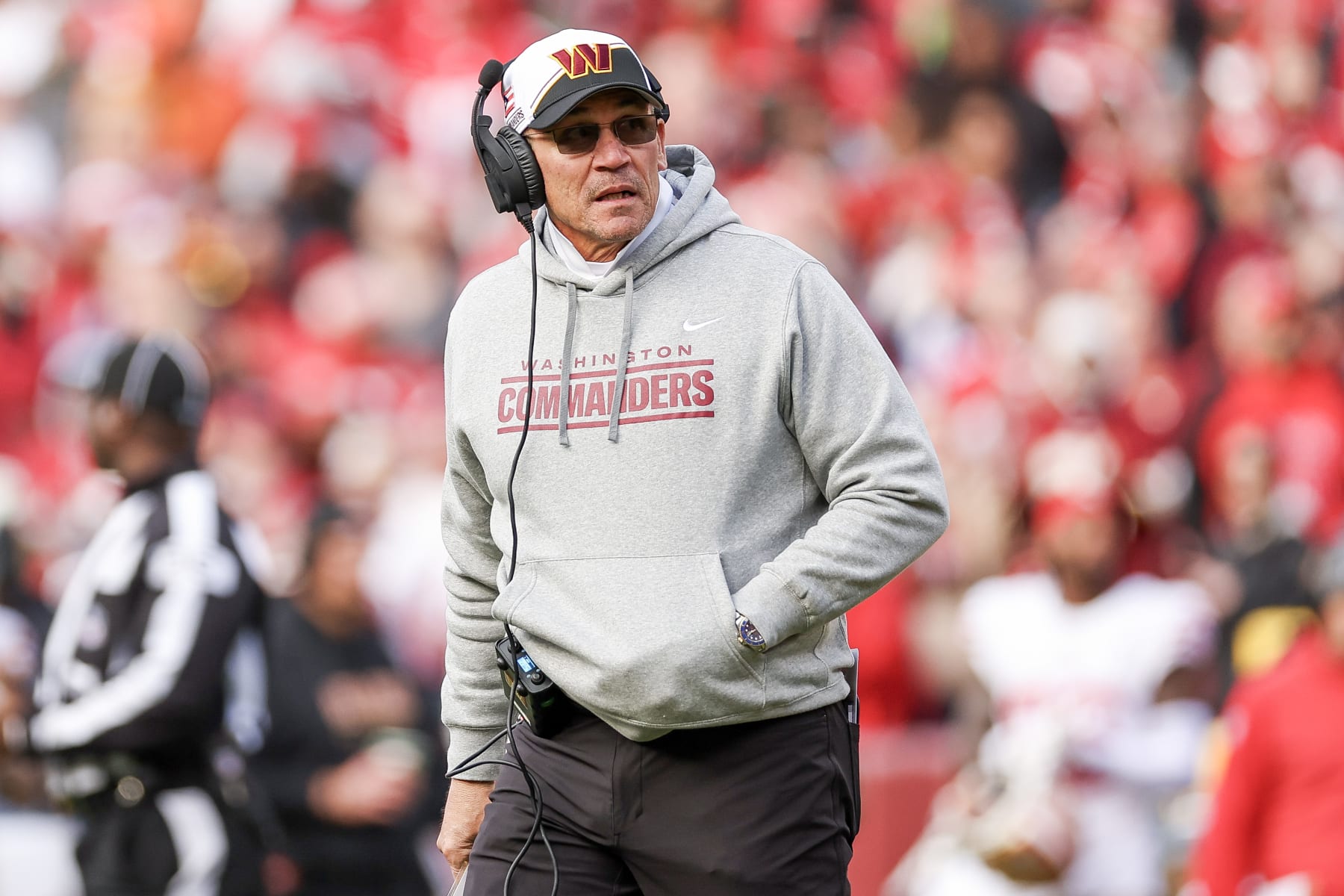 LANDOVER, MARYLAND - DECEMBER 31: Head coach  Ron Rivera of the Washington Commanders looks on during the second half of a game against the San Francisco 49ers at FedExField on December 31, 2023 in Landover, Maryland. (Photo by Scott Taetsch/Getty Images)