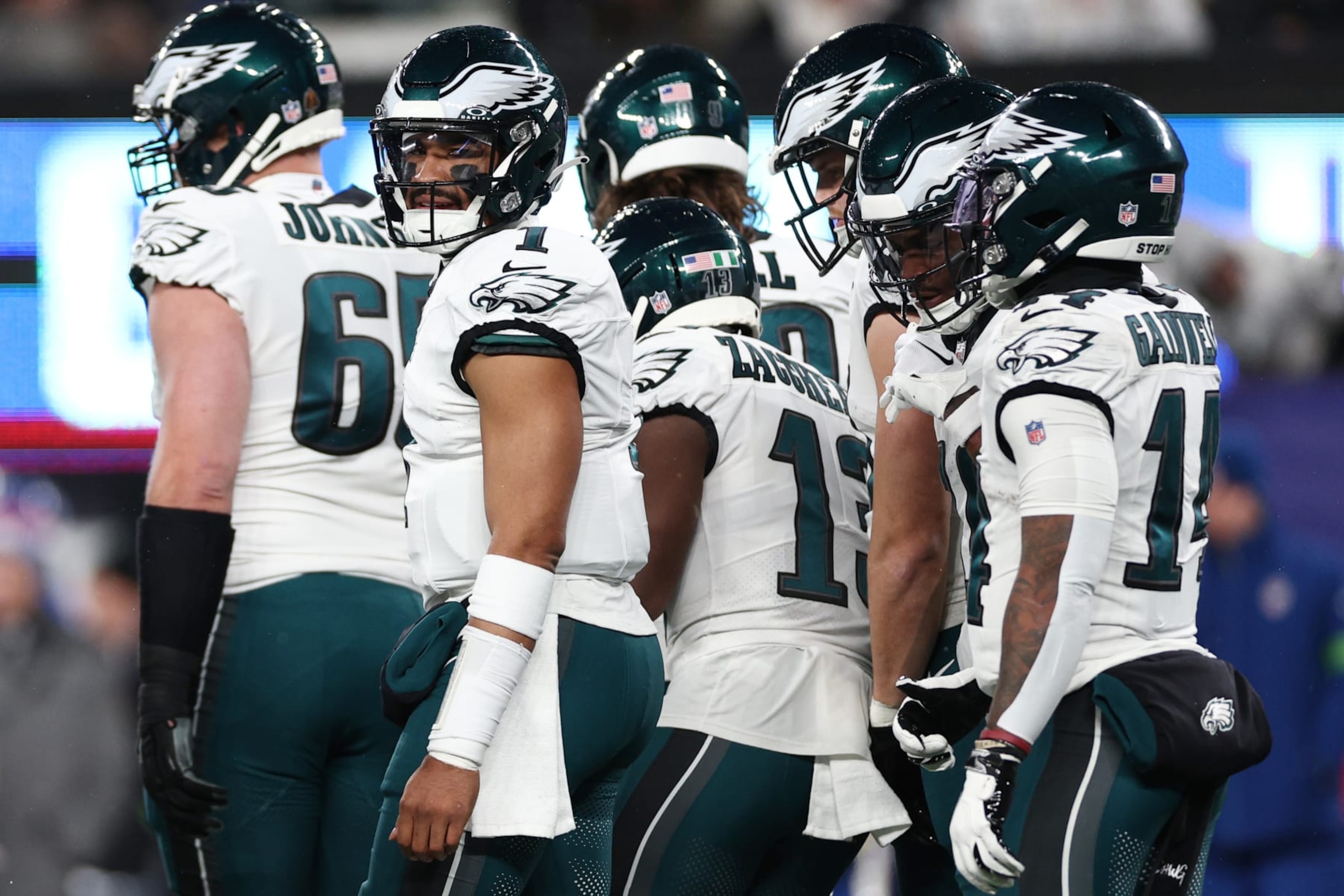 EAST RUTHERFORD, NEW JERSEY - JANUARY 07: Jalen Hurts #1 of the Philadelphia Eagles looks on during the first half in the game against the New York Giants at MetLife Stadium on January 07, 2024 in East Rutherford, New Jersey. (Photo by Elsa/Getty Images)