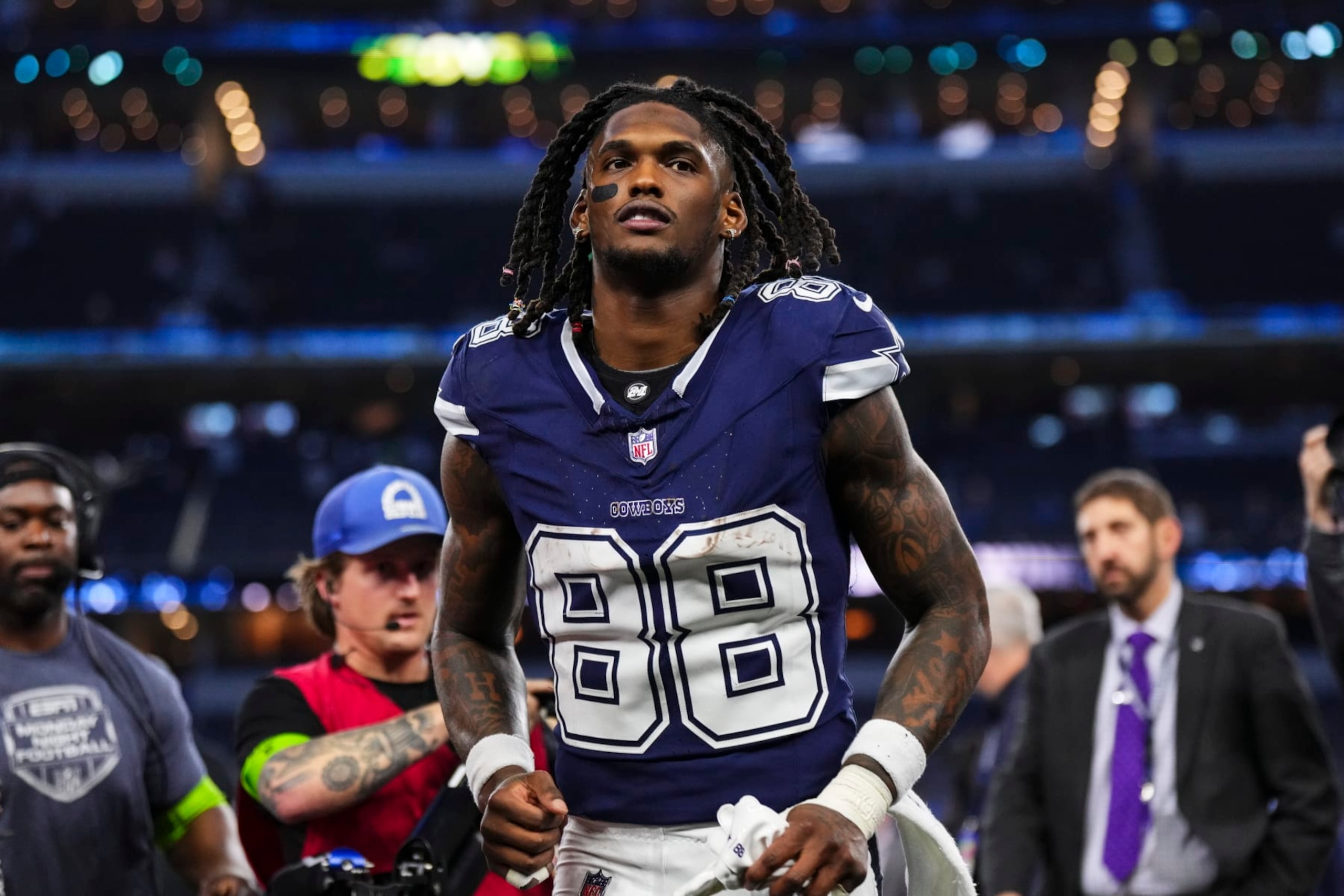 ARLINGTON, TX - DECEMBER 30: CeeDee Lamb #88 of the Dallas Cowboys walks off of the field after an NFL football game against the Detroit Lions at AT&T Stadium on December 30, 2023 in Arlington, Texas. (Photo by Cooper Neill/Getty Images)