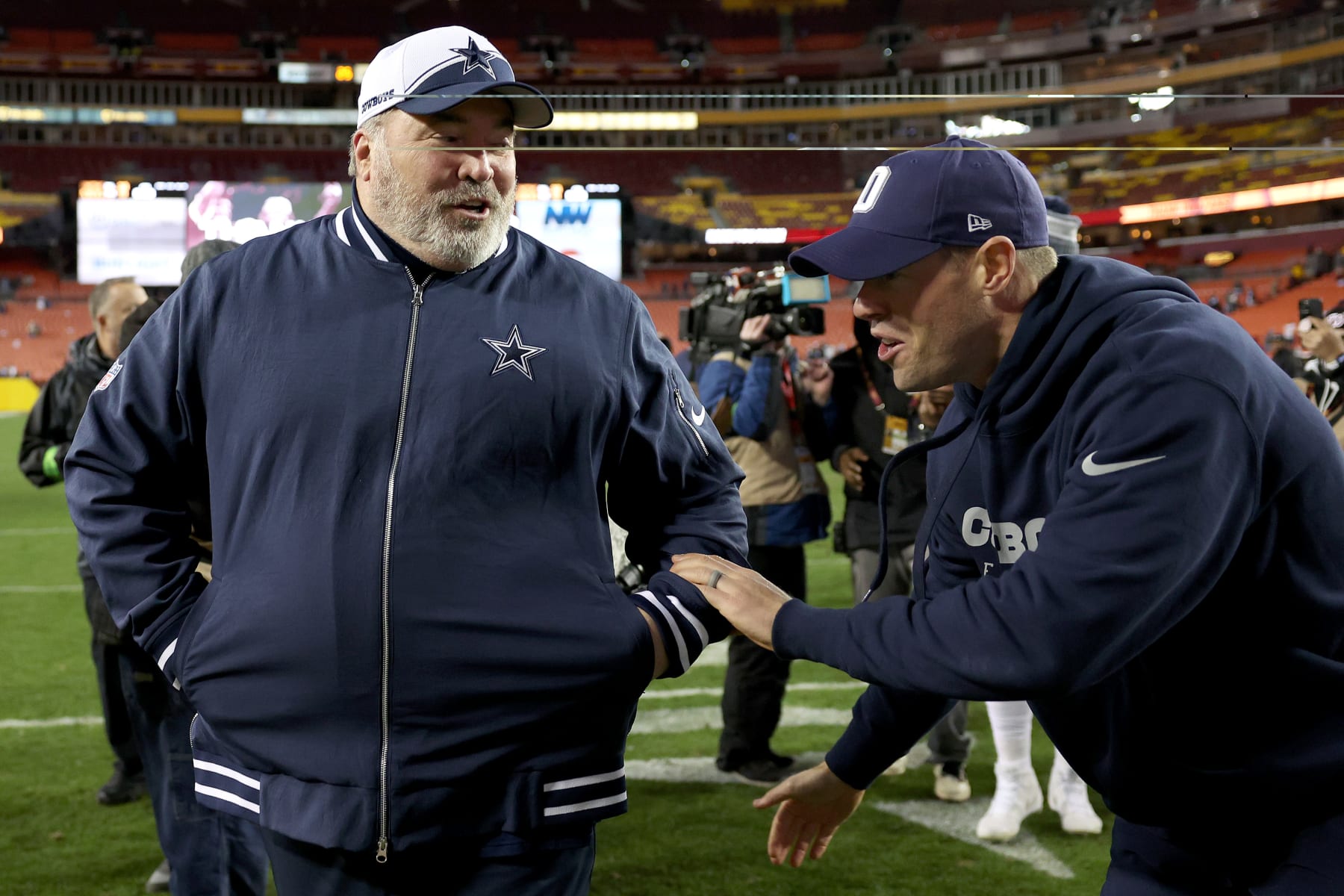 LANDOVER, MARYLAND - JANUARY 07: Dallas Cowboys head coach Mike McCarthy reacts after the game against the Washington Commanders at FedExField on January 07, 2024 in Landover, Maryland. (Photo by Patrick Smith/Getty Images)