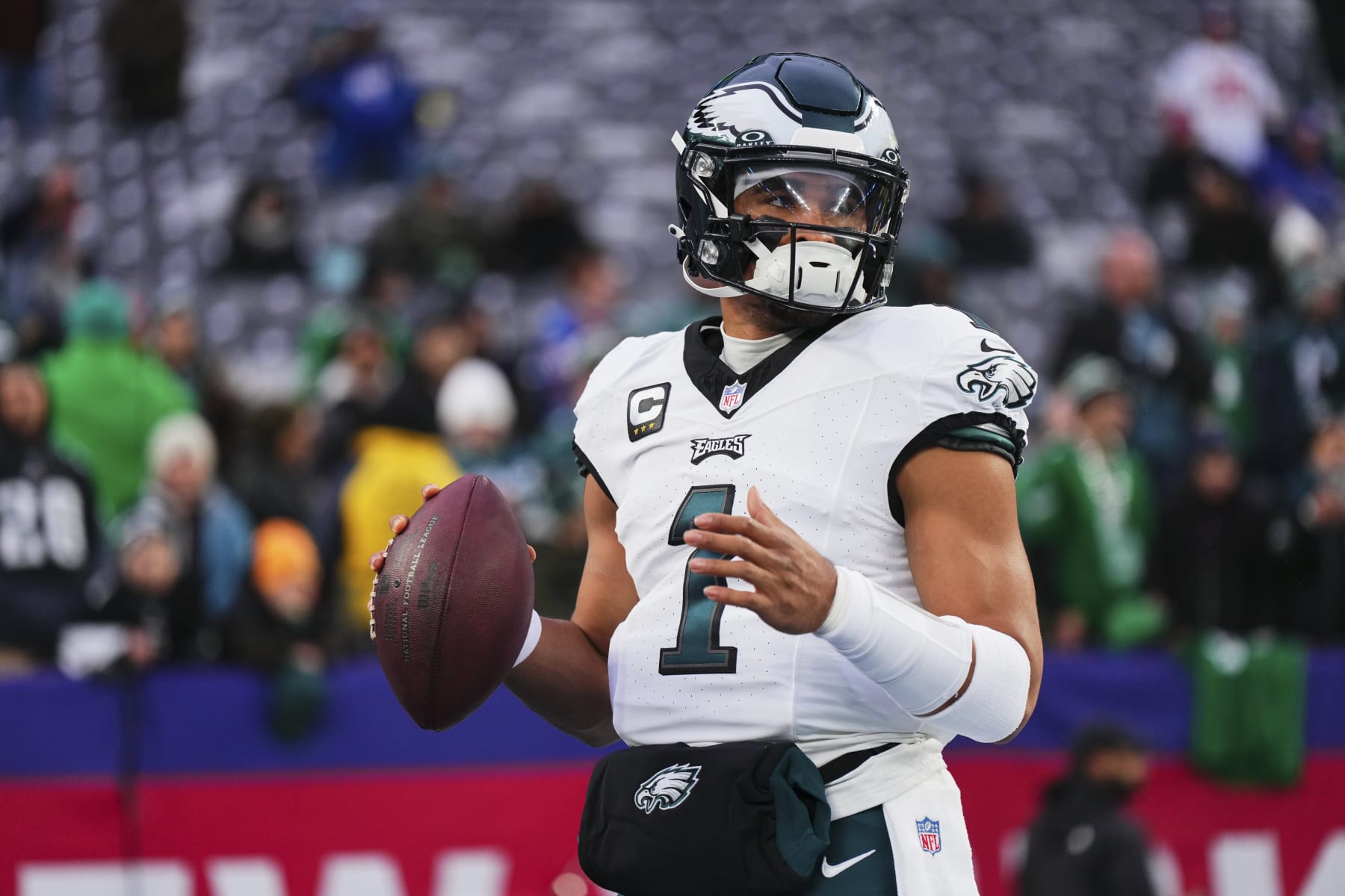 EAST RUTHERFORD, NJ - JANUARY 07: Jalen Hurts #1 of the Philadelphia Eagles warms up before kickoff against the New York Giants at MetLife Stadium on January 7, 2024 in East Rutherford, New Jersey. (Photo by Cooper Neill/Getty Images)