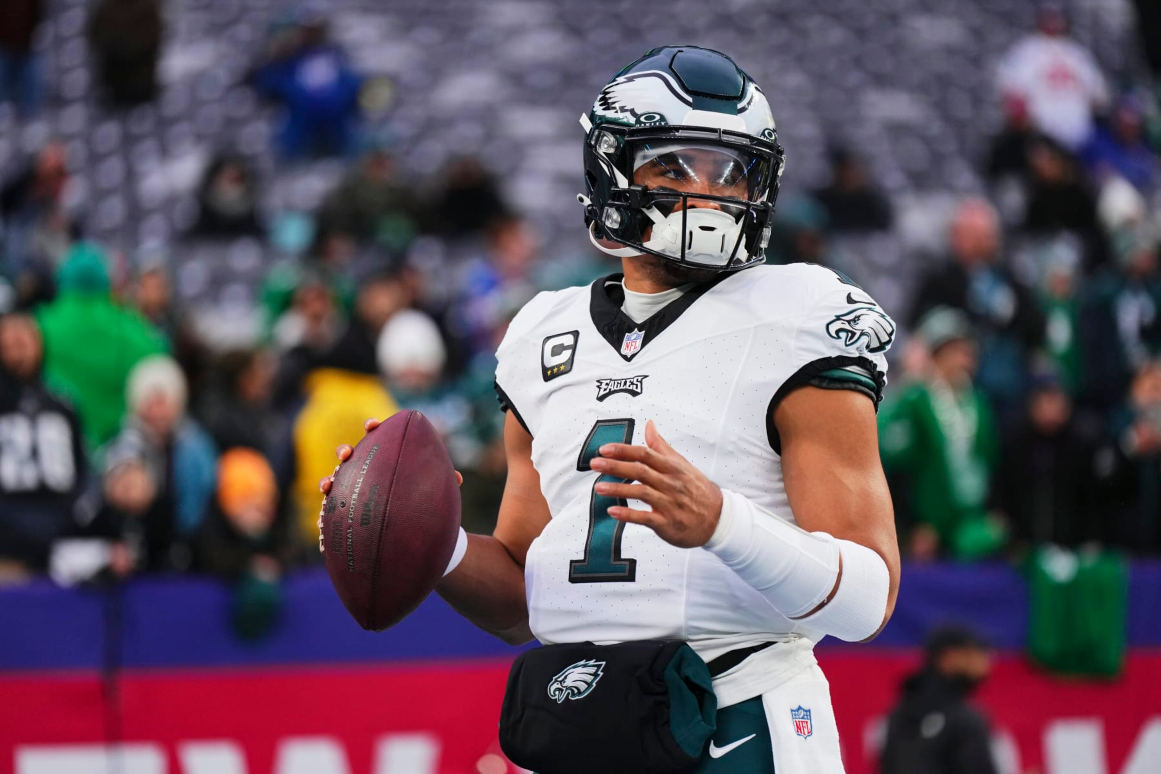 EAST RUTHERFORD, NJ - JANUARY 07: Jalen Hurts #1 of the Philadelphia Eagles warms up before kickoff against the New York Giants at MetLife Stadium on January 7, 2024 in East Rutherford, New Jersey. (Photo by Cooper Neill/Getty Images)