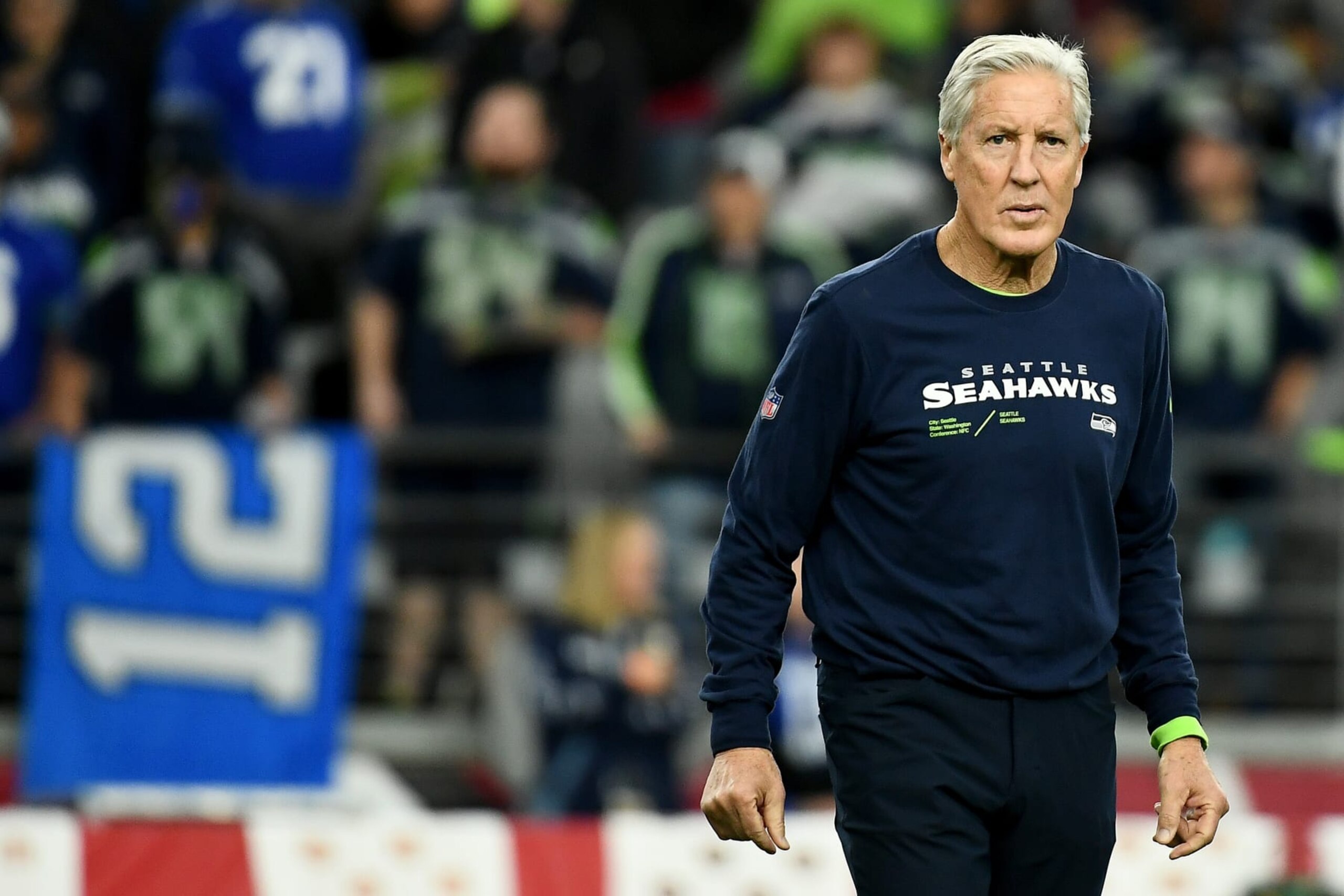 GLENDALE, ARIZONA - JANUARY 07: Seattle Seahawks head coach Pete Carroll walks the field before the game against the Arizona Cardinals at State Farm Stadium on January 07, 2024 in Glendale, Arizona. (Photo by Jennifer Stewart/Getty Images) GLENDALE, ARIZONA - JANUARY 07: Seattle Seahawks head coach Pete Carroll walks the field before the game against the Arizona Cardinals at State Farm Stadium on January 07, 2024 in Glendale, Arizona. (Photo by Jennifer Stewart/Getty Images)