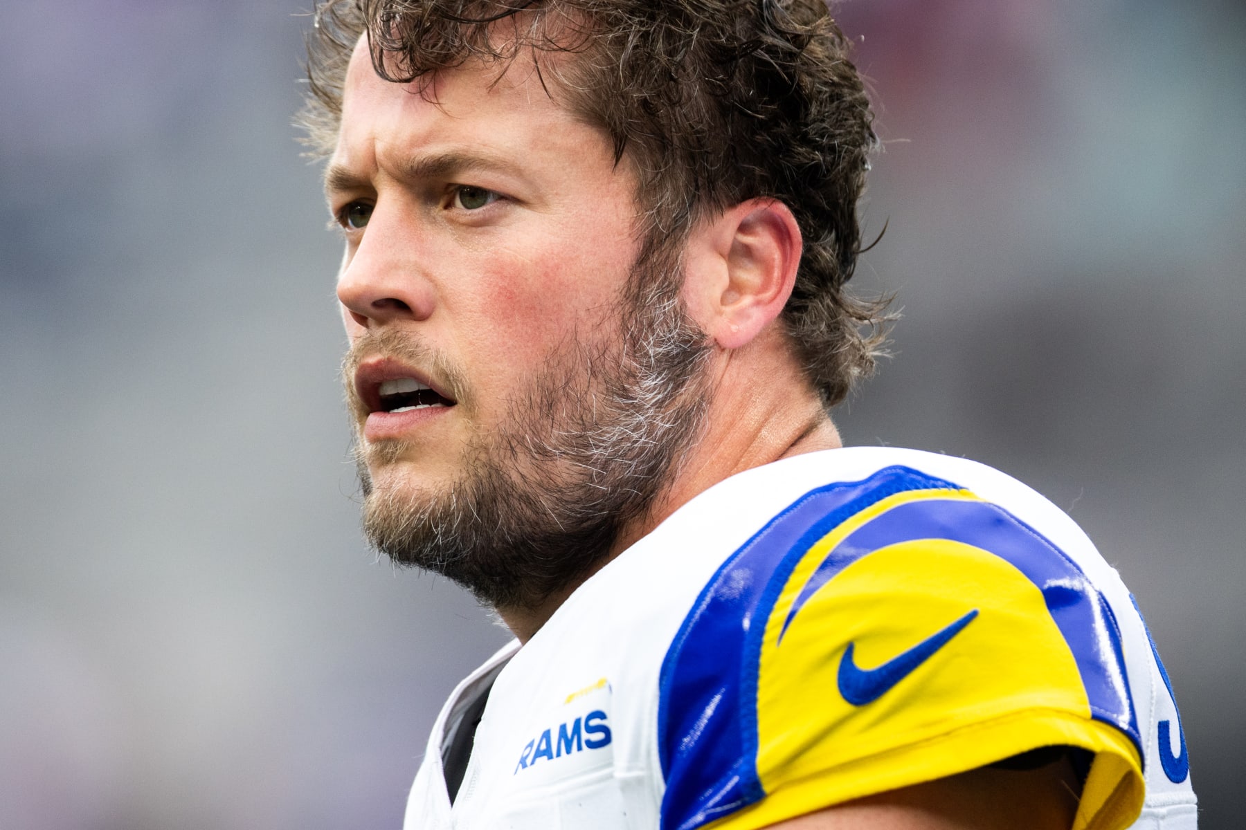 EAST RUTHERFORD, NEW JERSEY - DECEMBER 31: Matthew Stafford #9 of the Los Angeles Rams looks on before the game against the New York Giants at MetLife Stadium on December 31, 2023 in East Rutherford, New Jersey. (Photo by Dustin Satloff/Getty Images)