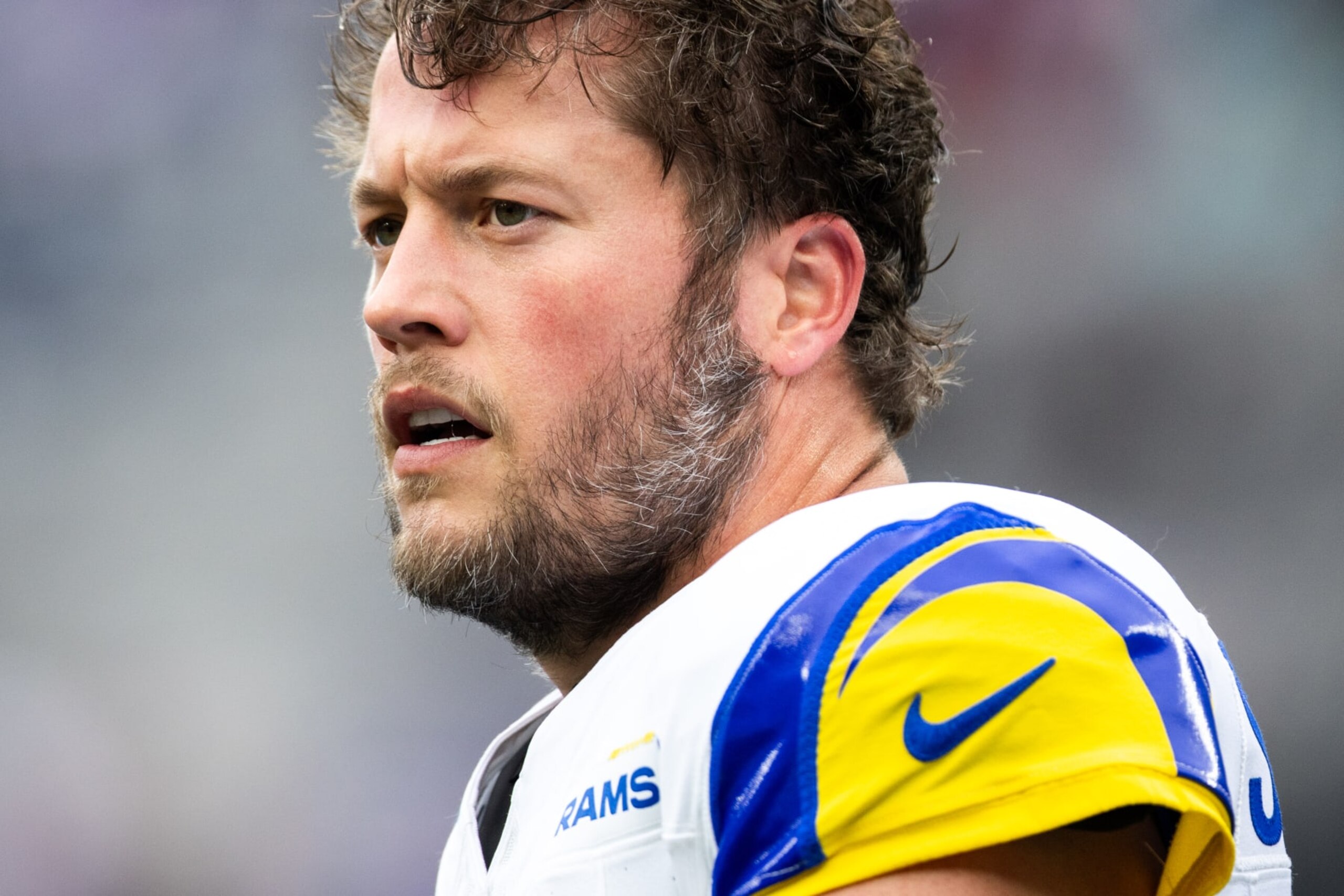 EAST RUTHERFORD, NEW JERSEY - DECEMBER 31: Matthew Stafford #9 of the Los Angeles Rams looks on before the game against the New York Giants at MetLife Stadium on December 31, 2023 in East Rutherford, New Jersey. (Photo by Dustin Satloff/Getty Images) EAST RUTHERFORD, NEW JERSEY - DECEMBER 31: Matthew Stafford #9 of the Los Angeles Rams looks on before the game against the New York Giants at MetLife Stadium on December 31, 2023 in East Rutherford, New Jersey. (Photo by Dustin Satloff/Getty Images)