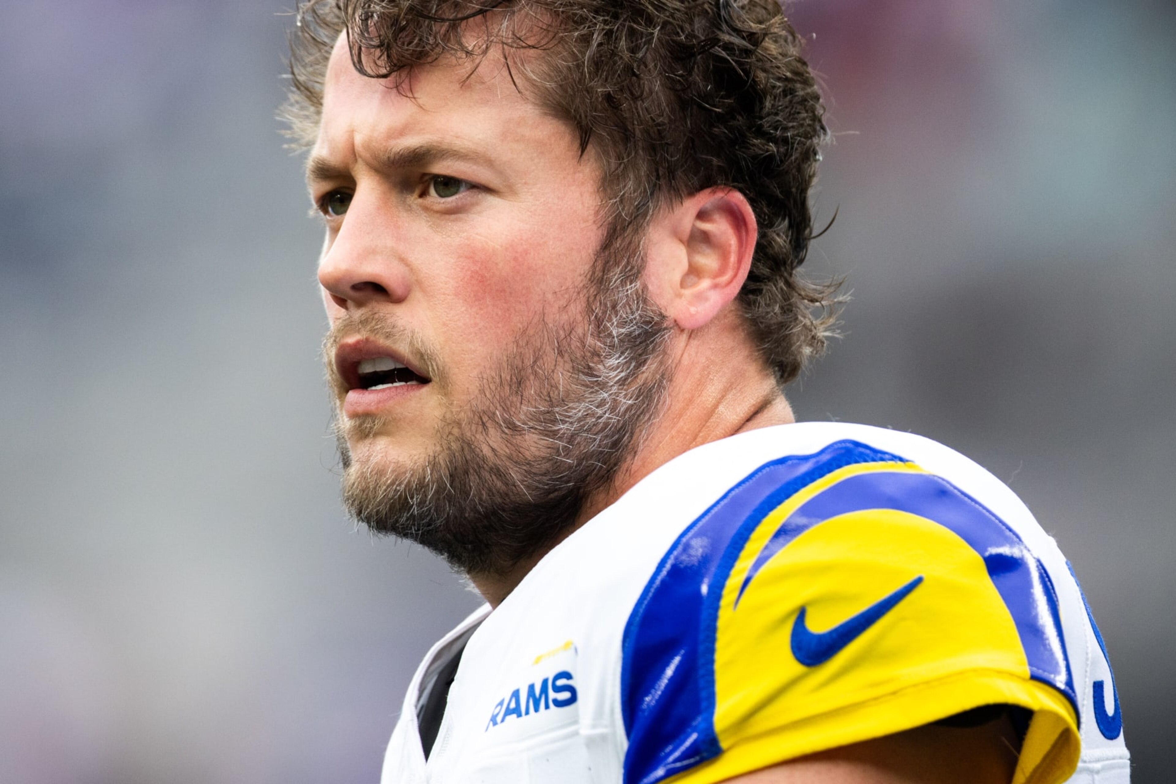 EAST RUTHERFORD, NEW JERSEY - DECEMBER 31: Matthew Stafford #9 of the Los Angeles Rams looks on before the game against the New York Giants at MetLife Stadium on December 31, 2023 in East Rutherford, New Jersey. (Photo by Dustin Satloff/Getty Images)