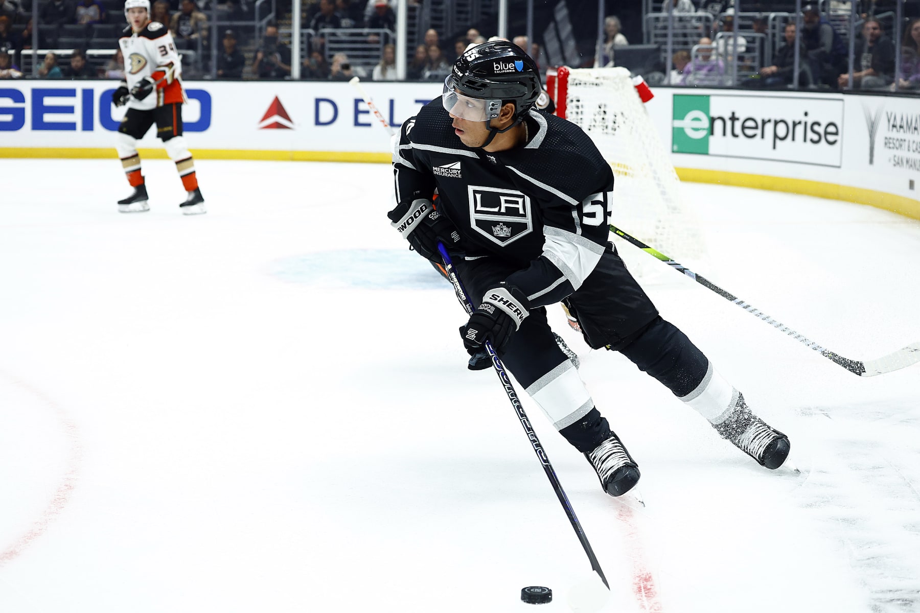 LOS ANGELES, CALIFORNIA - OCTOBER 03:   Quinton Byfield #55 of the Los Angeles Kings during a preseason game at Crypto.com Arena on October 03, 2023 in Los Angeles, California. (Photo by Ronald Martinez/Getty Images)