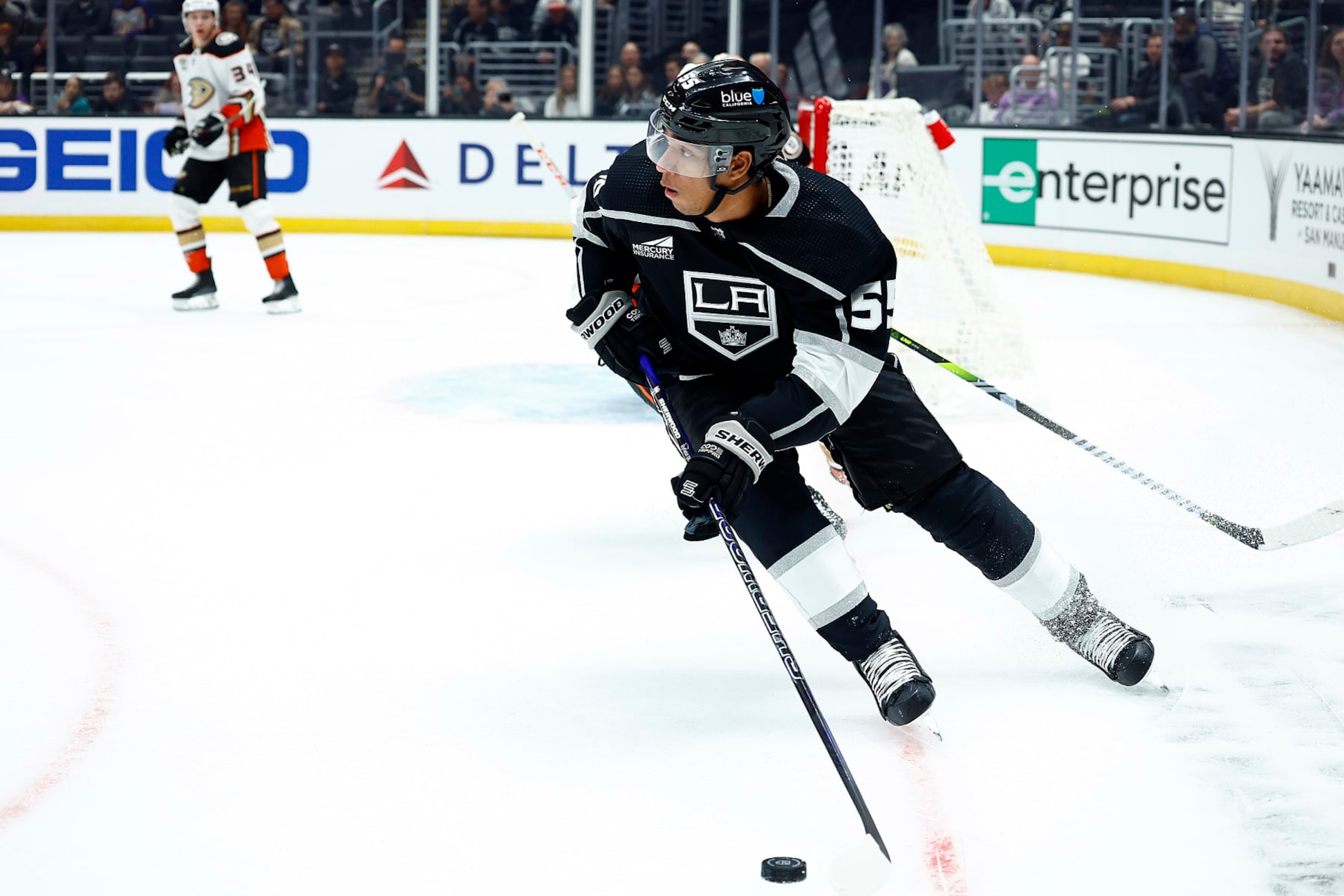LOS ANGELES, CALIFORNIA - OCTOBER 03:   Quinton Byfield #55 of the Los Angeles Kings during a preseason game at Crypto.com Arena on October 03, 2023 in Los Angeles, California. (Photo by Ronald Martinez/Getty Images)