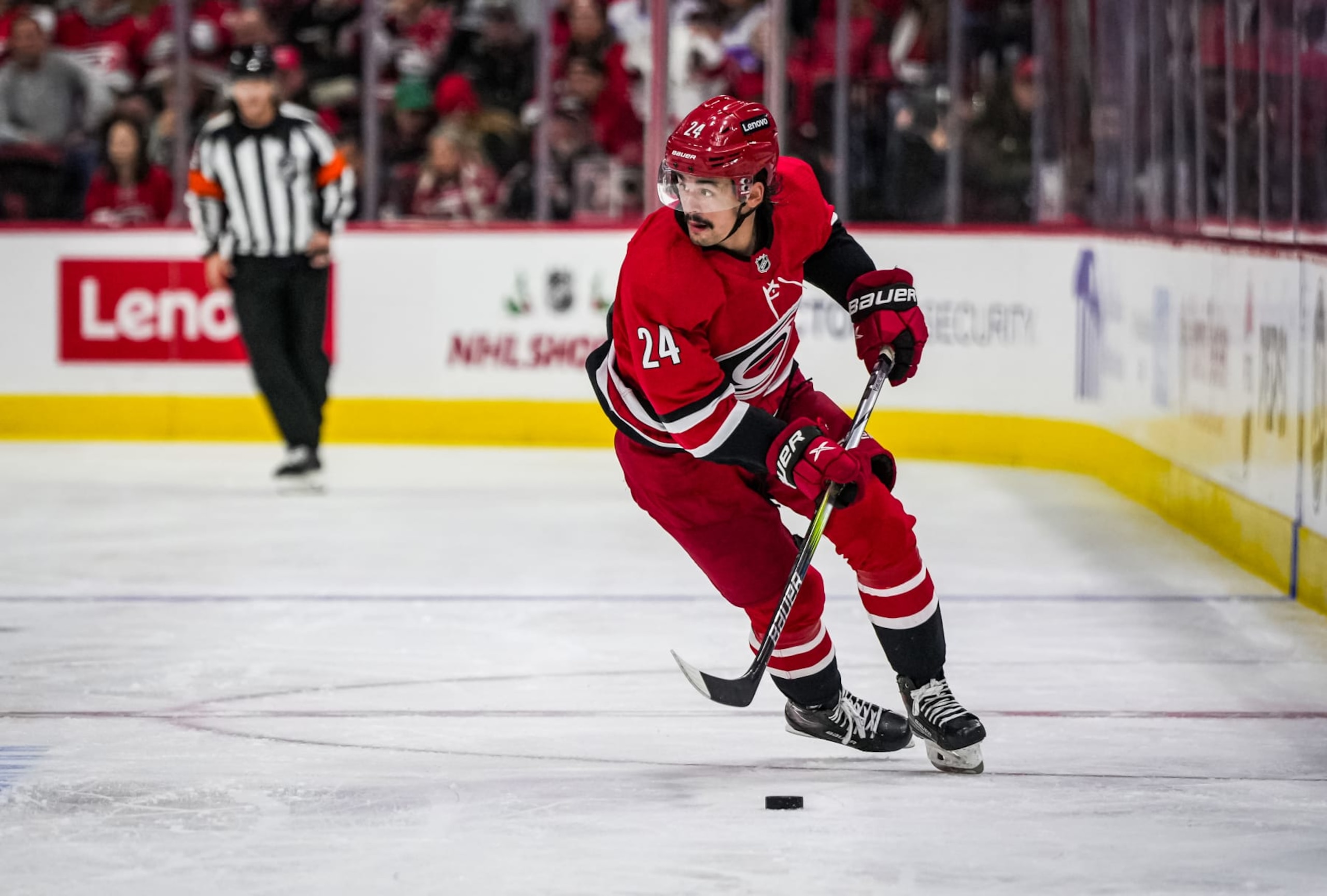 RALEIGH, NORTH CAROLINA - NOVEMBER 26: Seth Jarvis #24 of the Carolina Hurricanes skates during the third period against the Columbus Blue Jackets at PNC Arena on November 26, 2023 in Raleigh, North Carolina. (Photo by Josh Lavallee/NHLI via Getty Images)