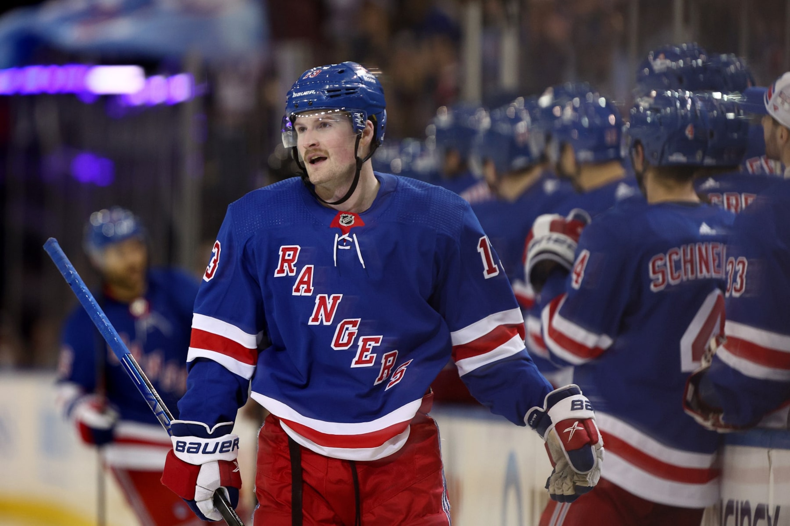 NEW YORK, NEW YORK - NOVEMBER 09: Alexis Lafreniere #13 of the New York Rangers celebrates his goal during the third period against the Minnesota Wild at Madison Square Garden on November 09, 2023 in New York City. The New York Rangers defeated the Minnesota Wild 4-1. (Photo by Elsa/Getty Images)