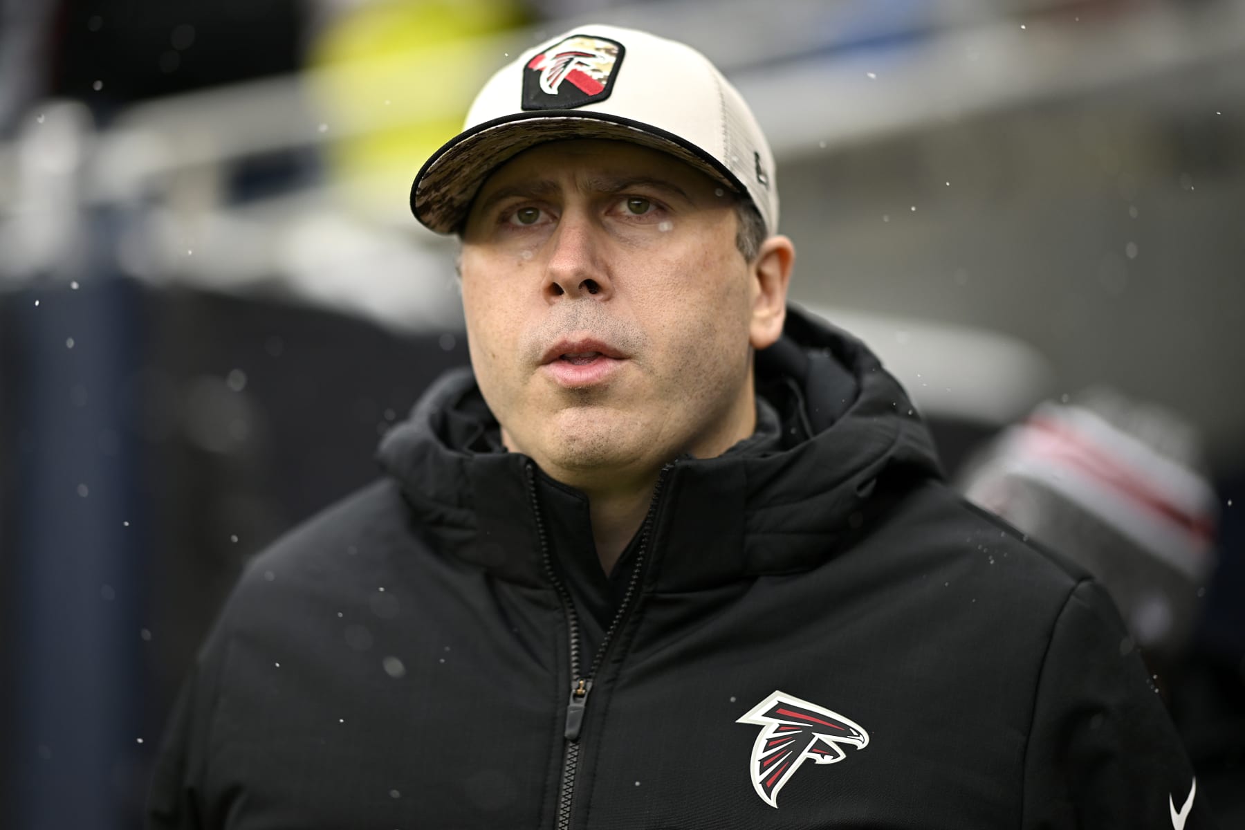 CHICAGO, ILLINOIS - DECEMBER 31: Head coach Arthur Smith of the Atlanta Falcons looks on prior to a game against the Chicago Bears at Soldier Field on December 31, 2023 in Chicago, Illinois. (Photo by Quinn Harris/Getty Images)