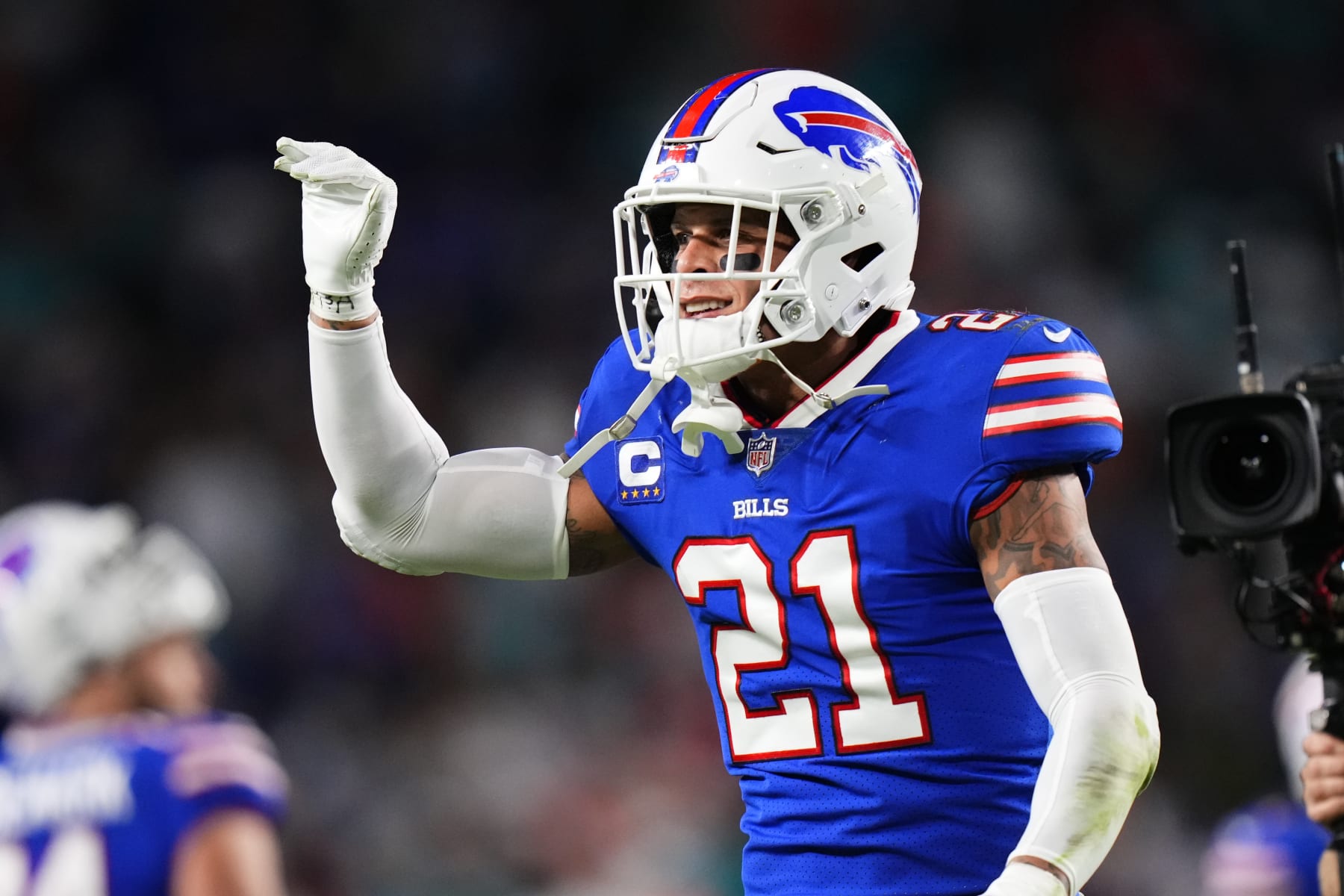 MIAMI GARDENS, FLORIDA - JANUARY 07: Jordan Poyer #21 of the Buffalo Bills reacts after a 21-14 victory against the Miami Dolphins at Hard Rock Stadium on January 07, 2024 in Miami Gardens, Florida. (Photo by Rich Storry/Getty Images)