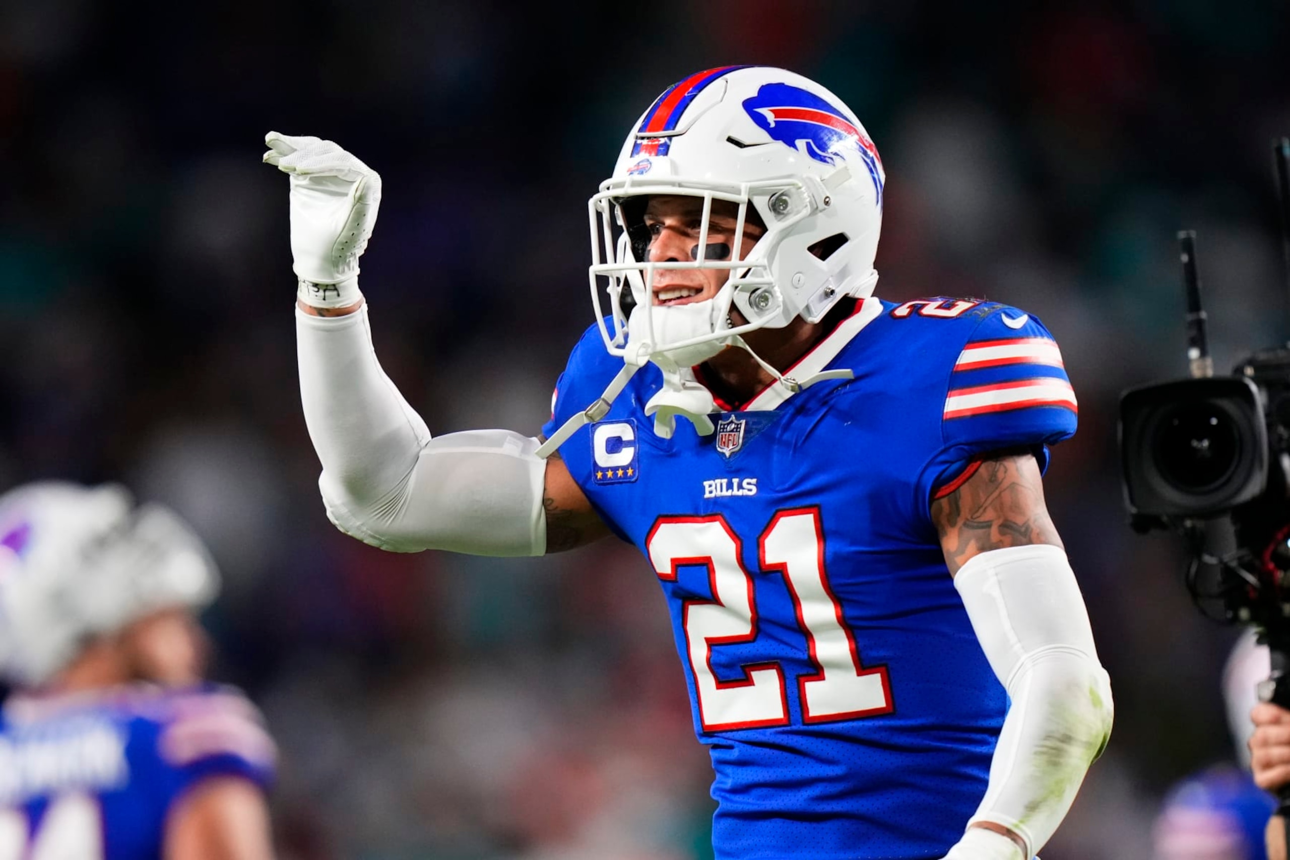 MIAMI GARDENS, FLORIDA - JANUARY 07: Jordan Poyer #21 of the Buffalo Bills reacts after a 21-14 victory against the Miami Dolphins at Hard Rock Stadium on January 07, 2024 in Miami Gardens, Florida. (Photo by Rich Storry/Getty Images)