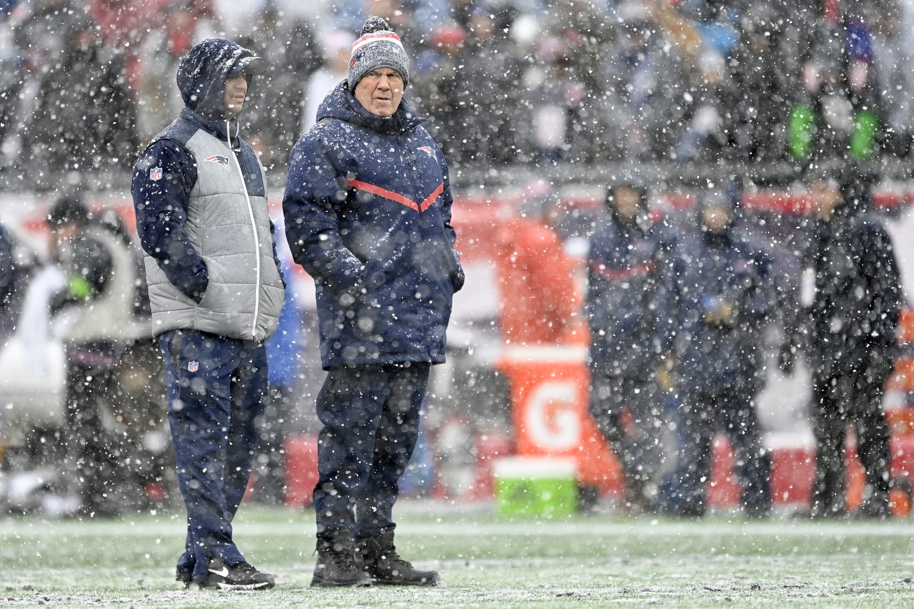 FOXBOROUGH, MASSACHUSETTS - JANUARY 07: New England Patriots head coach Bill Belichick looks on before a game at Gillette Stadium on January 07, 2024 in Foxborough, Massachusetts. (Photo by Billie Weiss/Getty Images)
