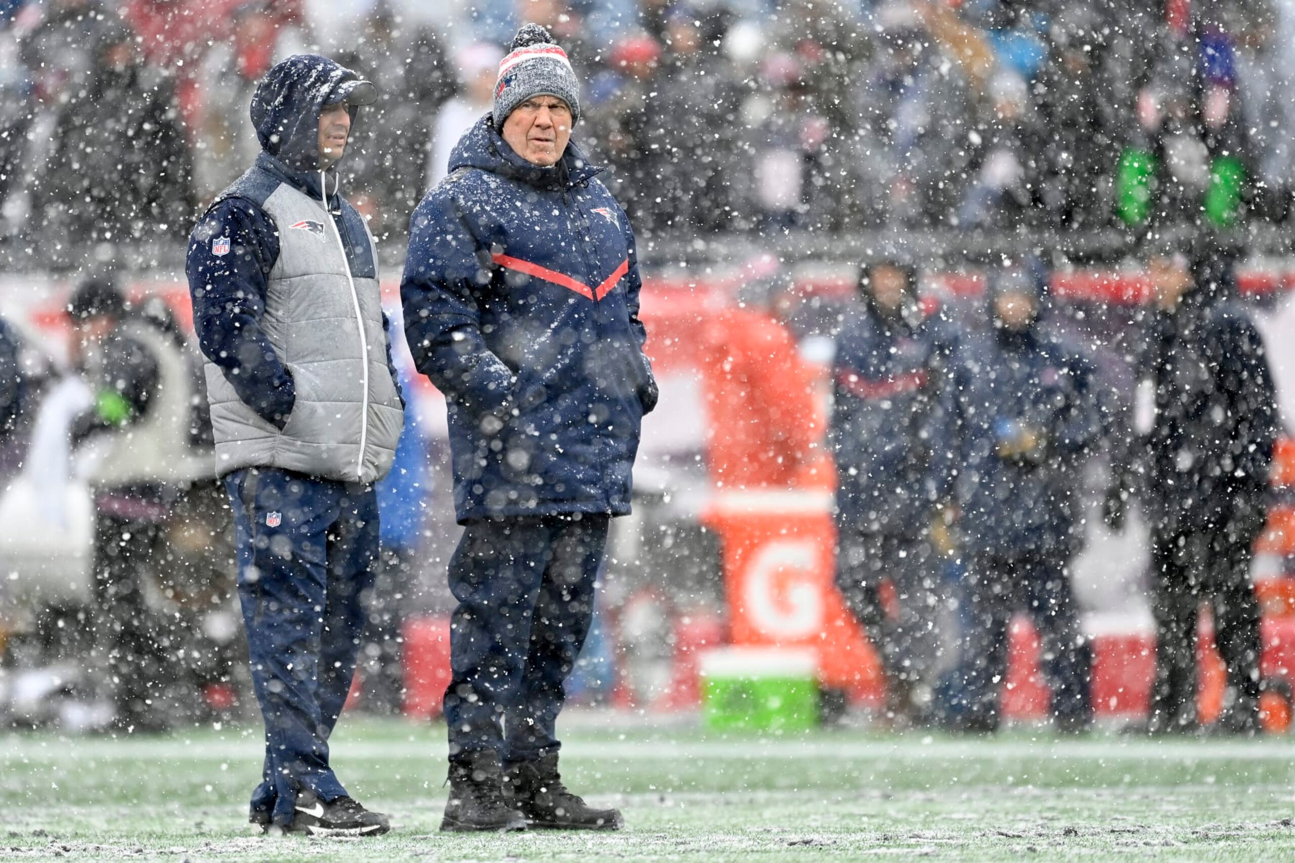 FOXBOROUGH, MASSACHUSETTS - JANUARY 07: New England Patriots head coach Bill Belichick looks on before a game at Gillette Stadium on January 07, 2024 in Foxborough, Massachusetts. (Photo by Billie Weiss/Getty Images)